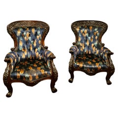 A Pair of Large Franco Chinese Carved Salon Chairs  