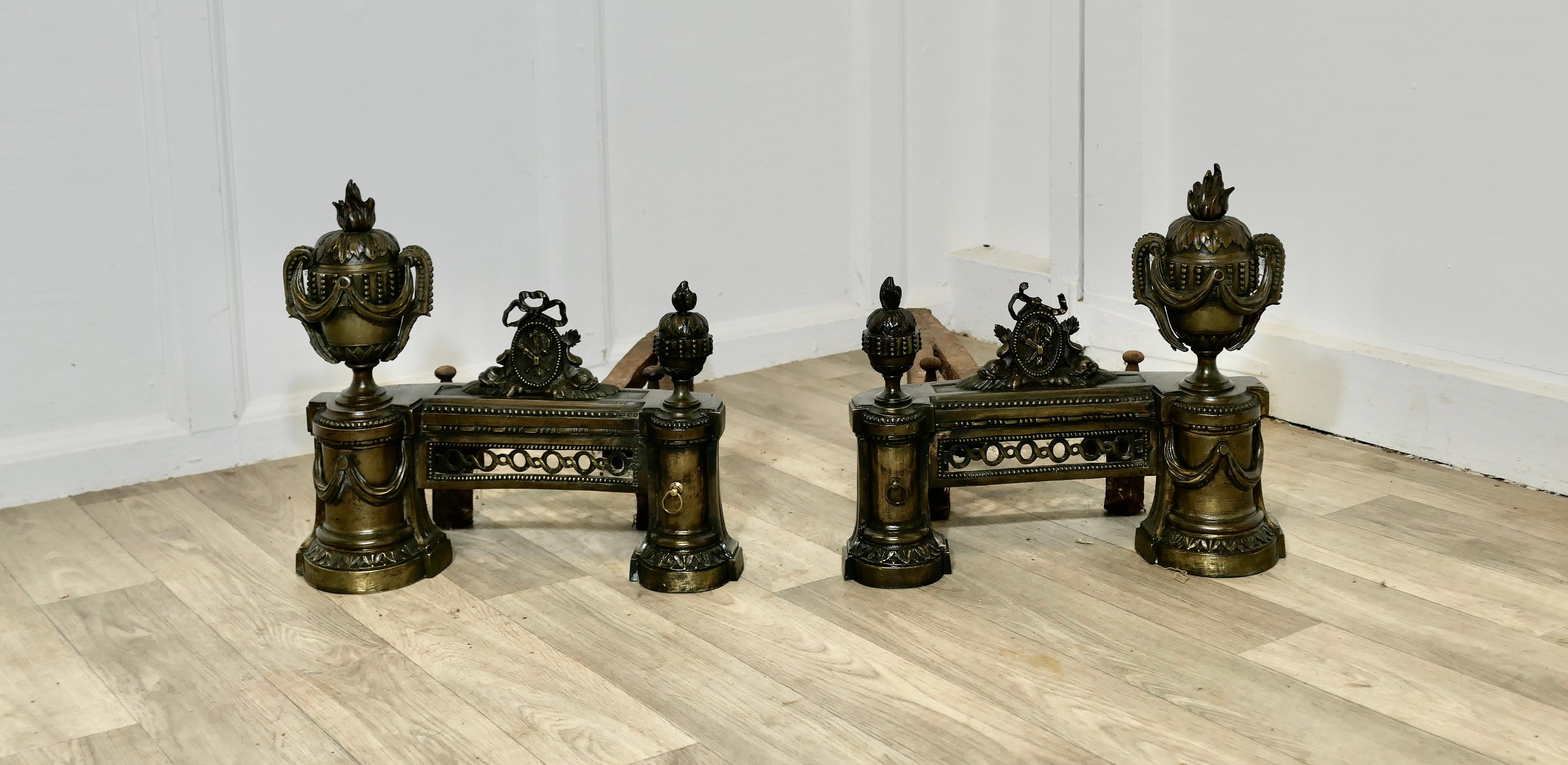 Empire A Pair of Large French 18th century Brass Chenets For Sale