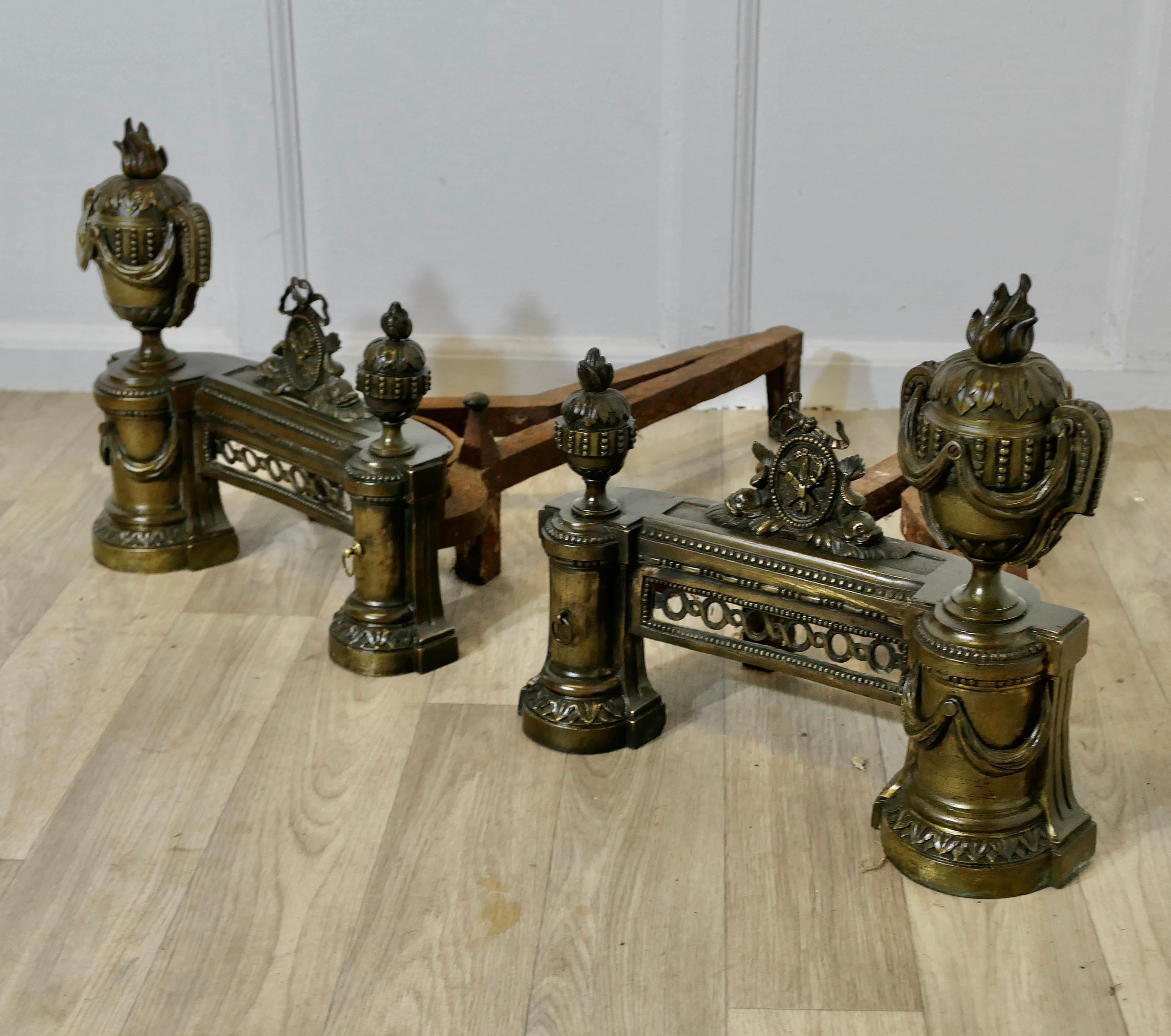 18th Century and Earlier A Pair of Large French 18th century Brass Chenets For Sale