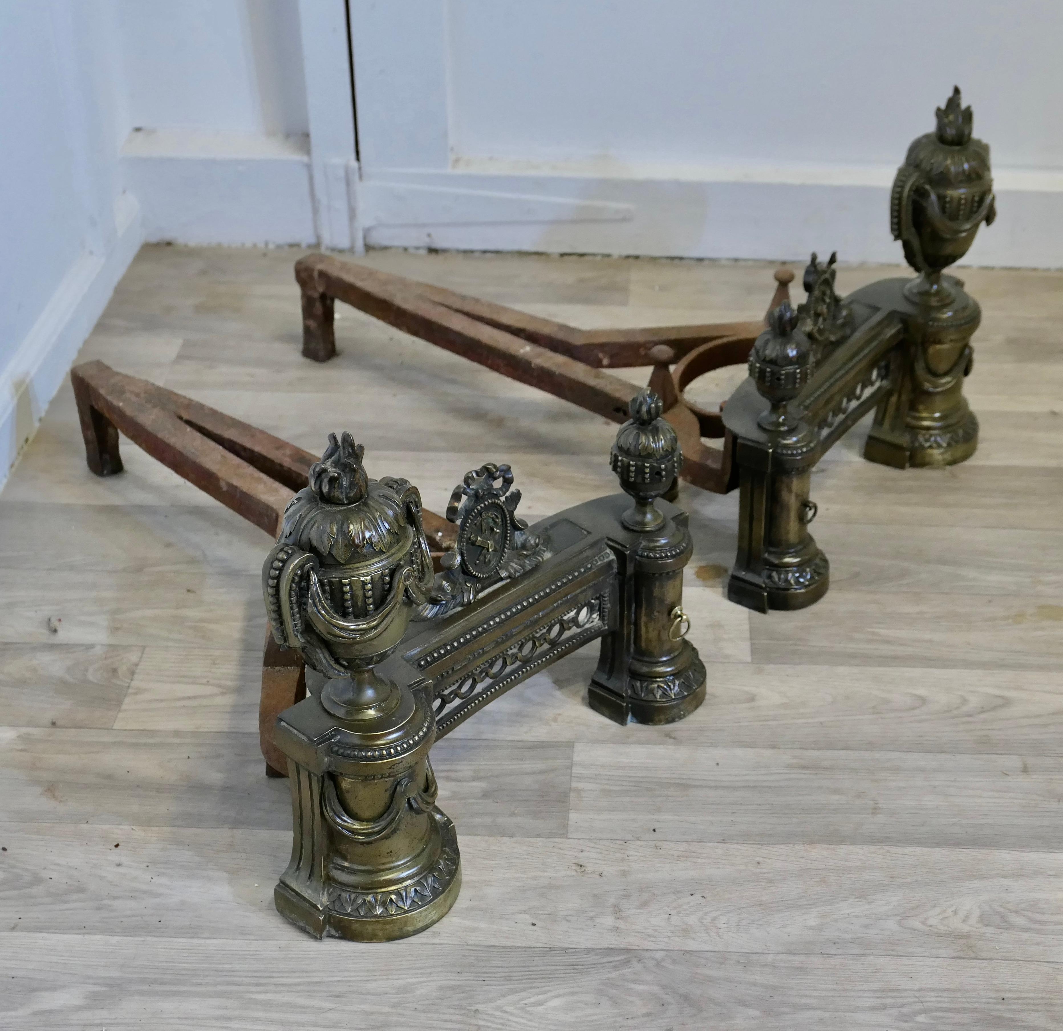 A Pair of Large French 18th century Brass Chenets For Sale 2
