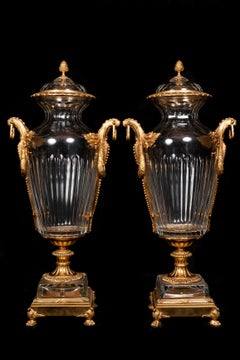 A Pair of Large French Baccarat Style Gilt Bronze & Cut Crystal Urns
