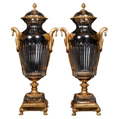 A Pair of Large French Baccarat Style Gilt Bronze & Cut Crystal Urns
