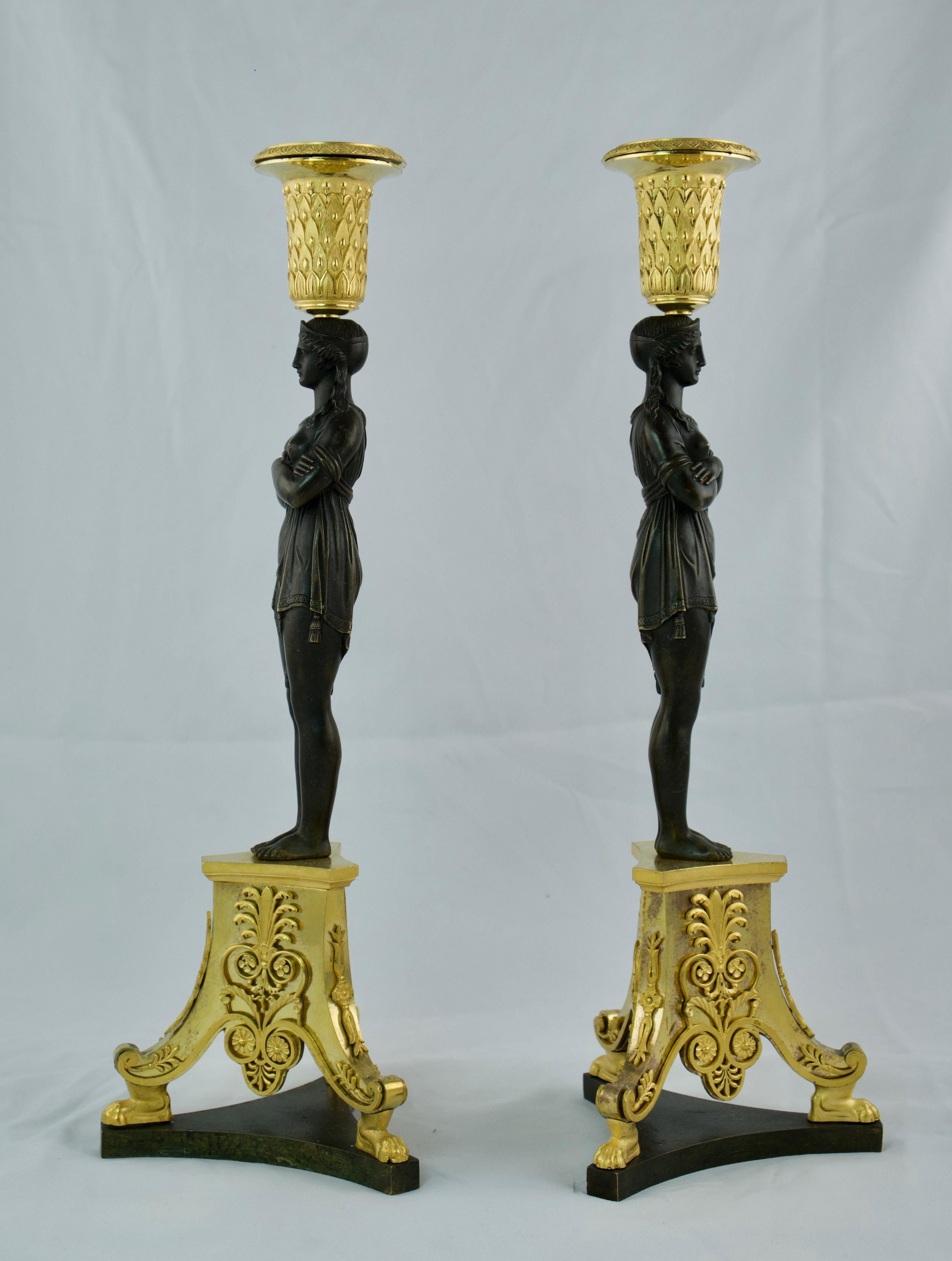 Cast Pair of Large French Empire Candlesticks Made Around Year 1800 For Sale