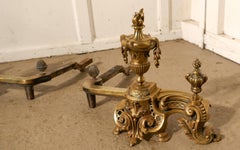 Pair of Large French Rococo Brass Andirons or Chenets
