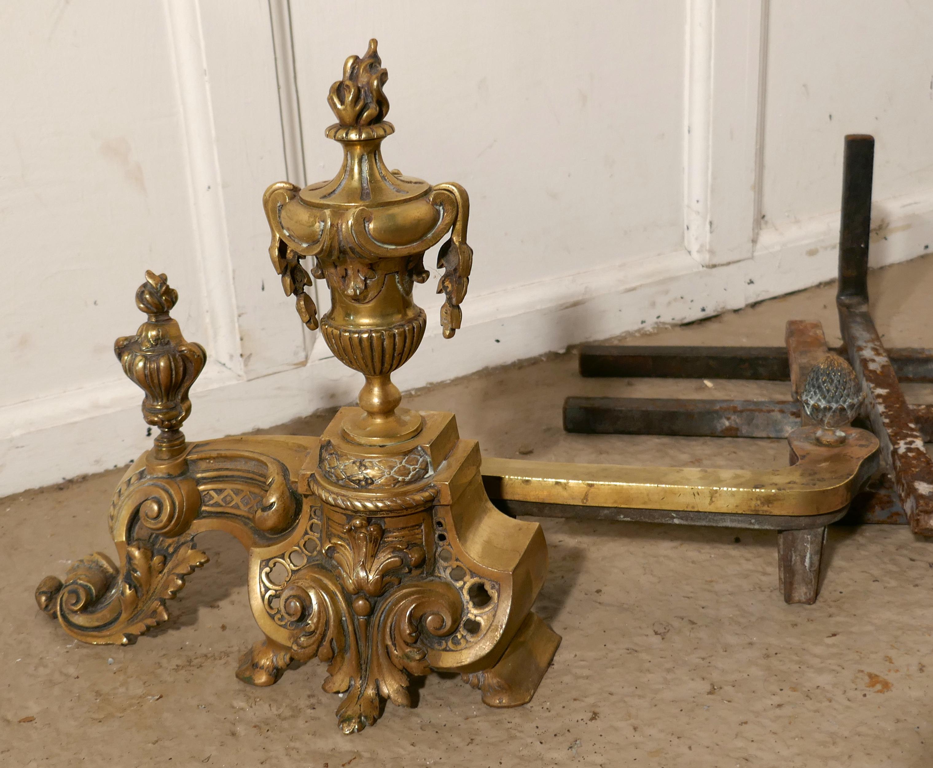 18th Century Pair of Large French Rococo Brass Andirons or Chenets For Sale