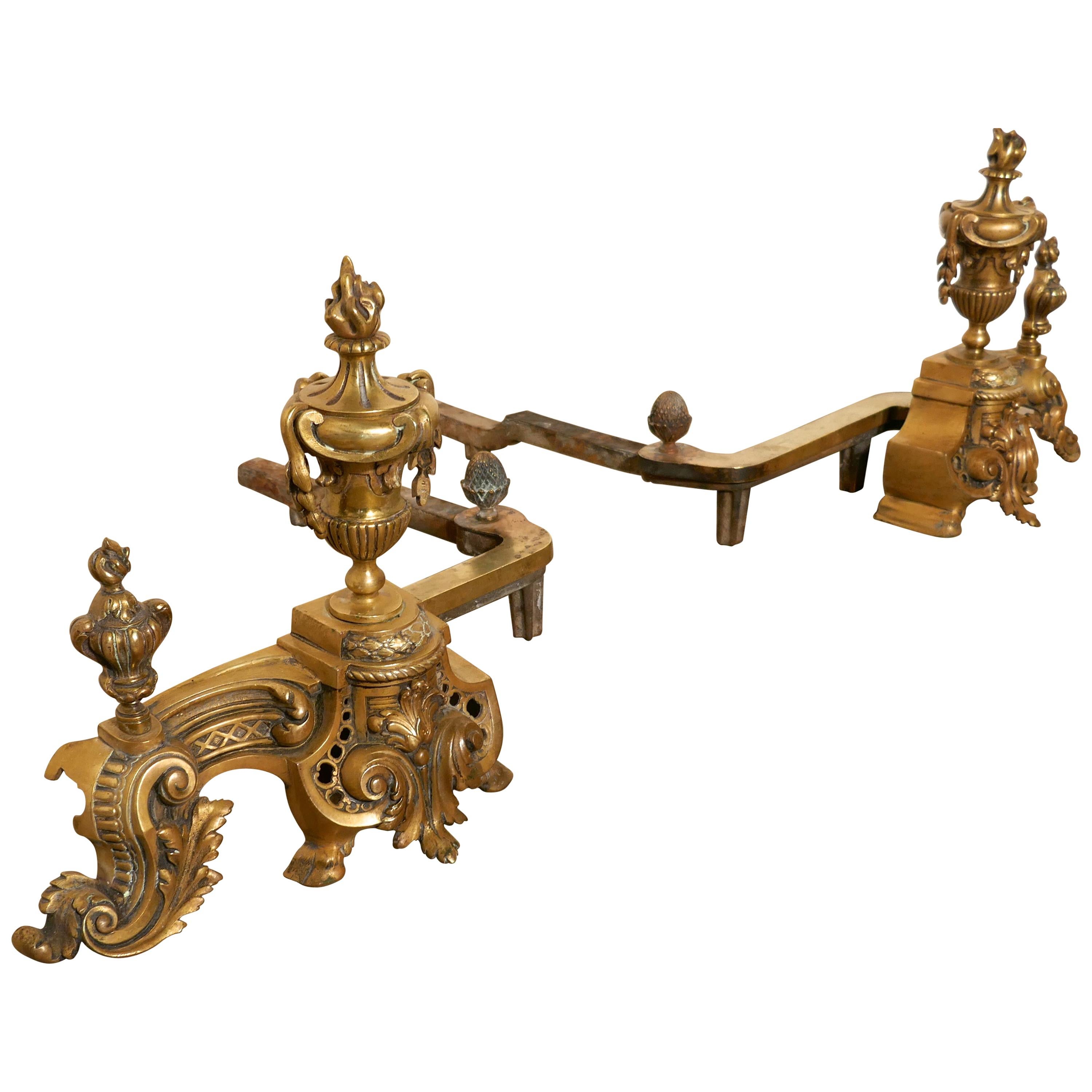 Pair of Large French Rococo Brass Andirons or Chenets