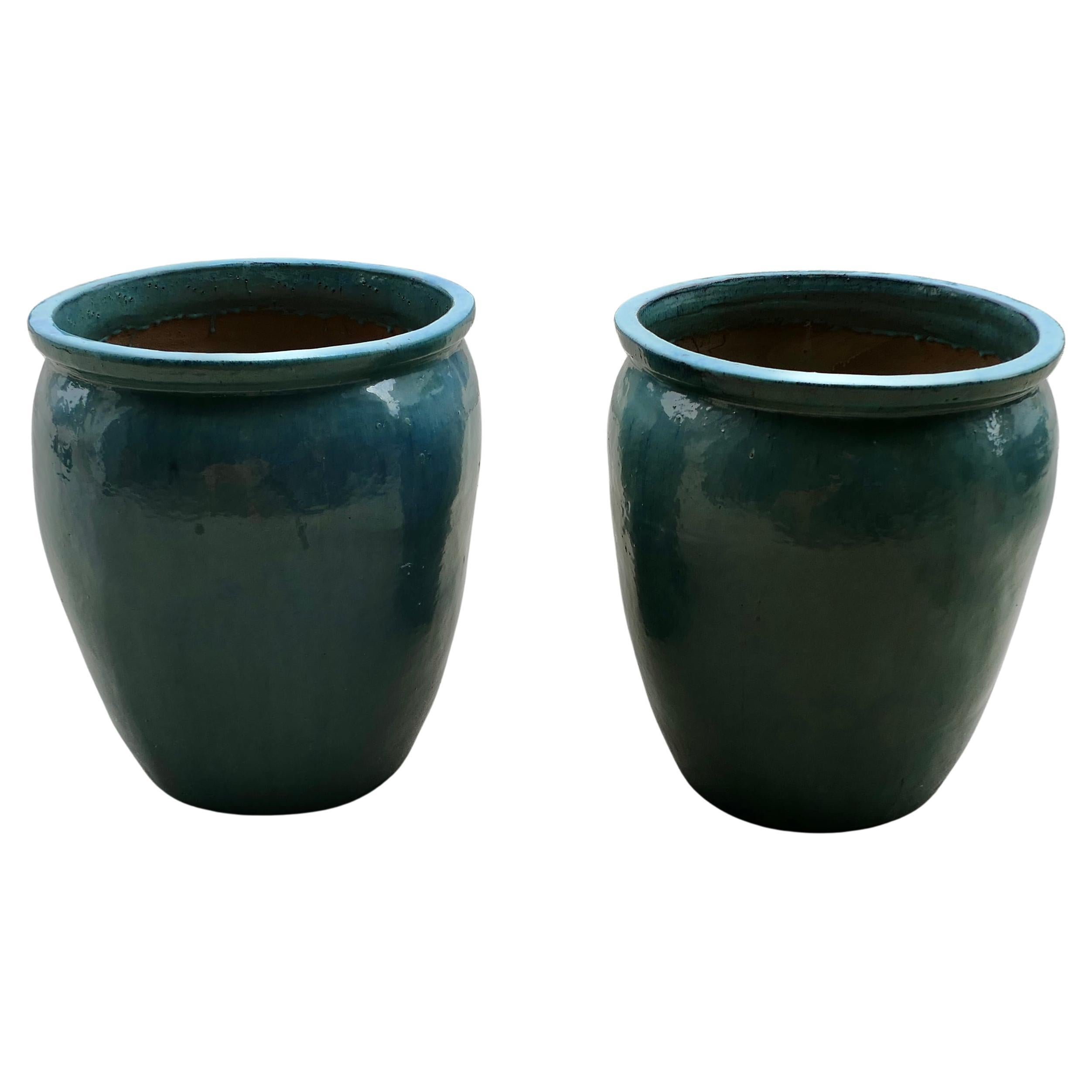 A Pair of Large French Turquoise Garden Tree Planters For Sale