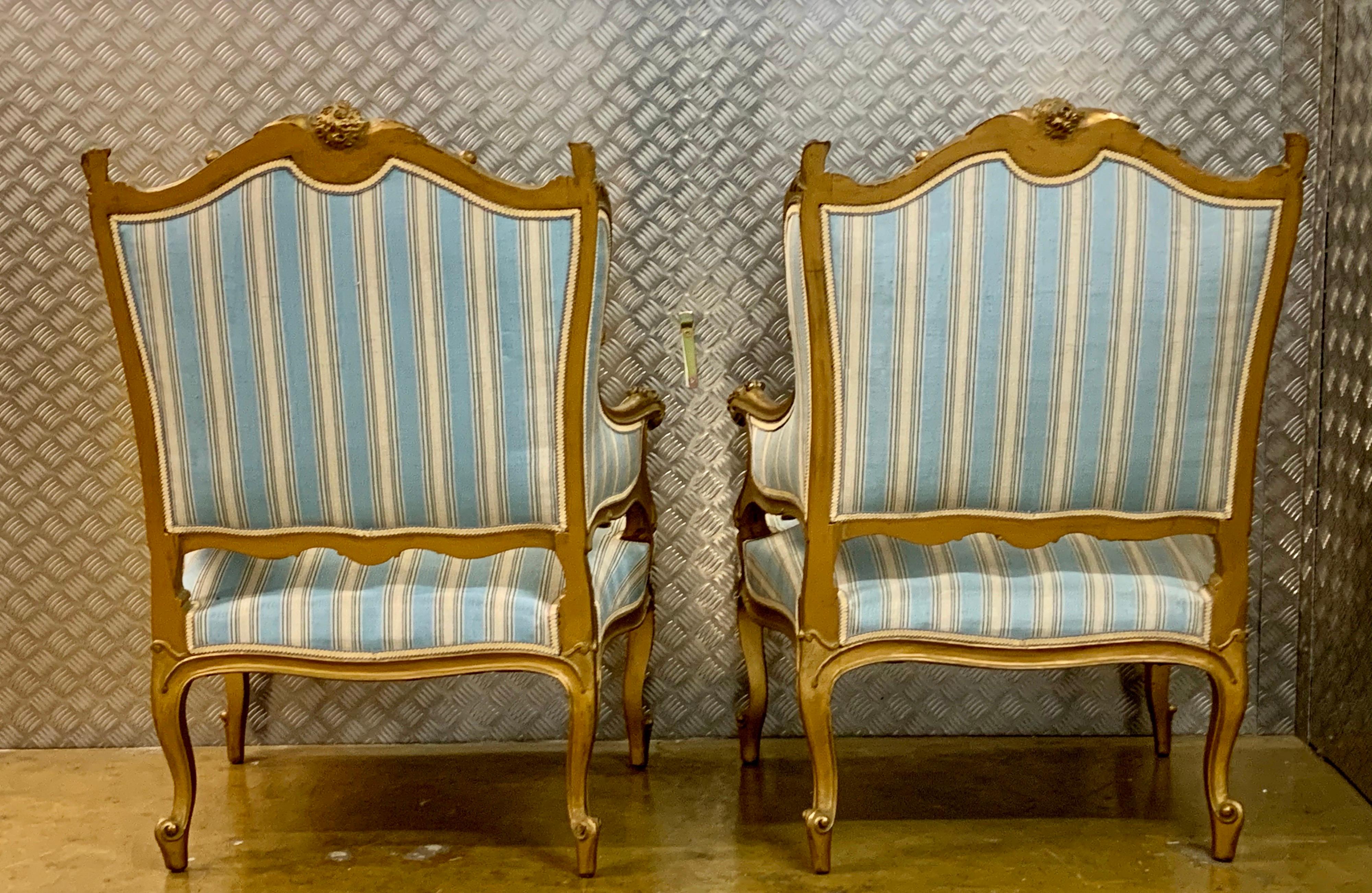 Louis XIV Pair of Large French Upholstered Wing Back Arm Chairs