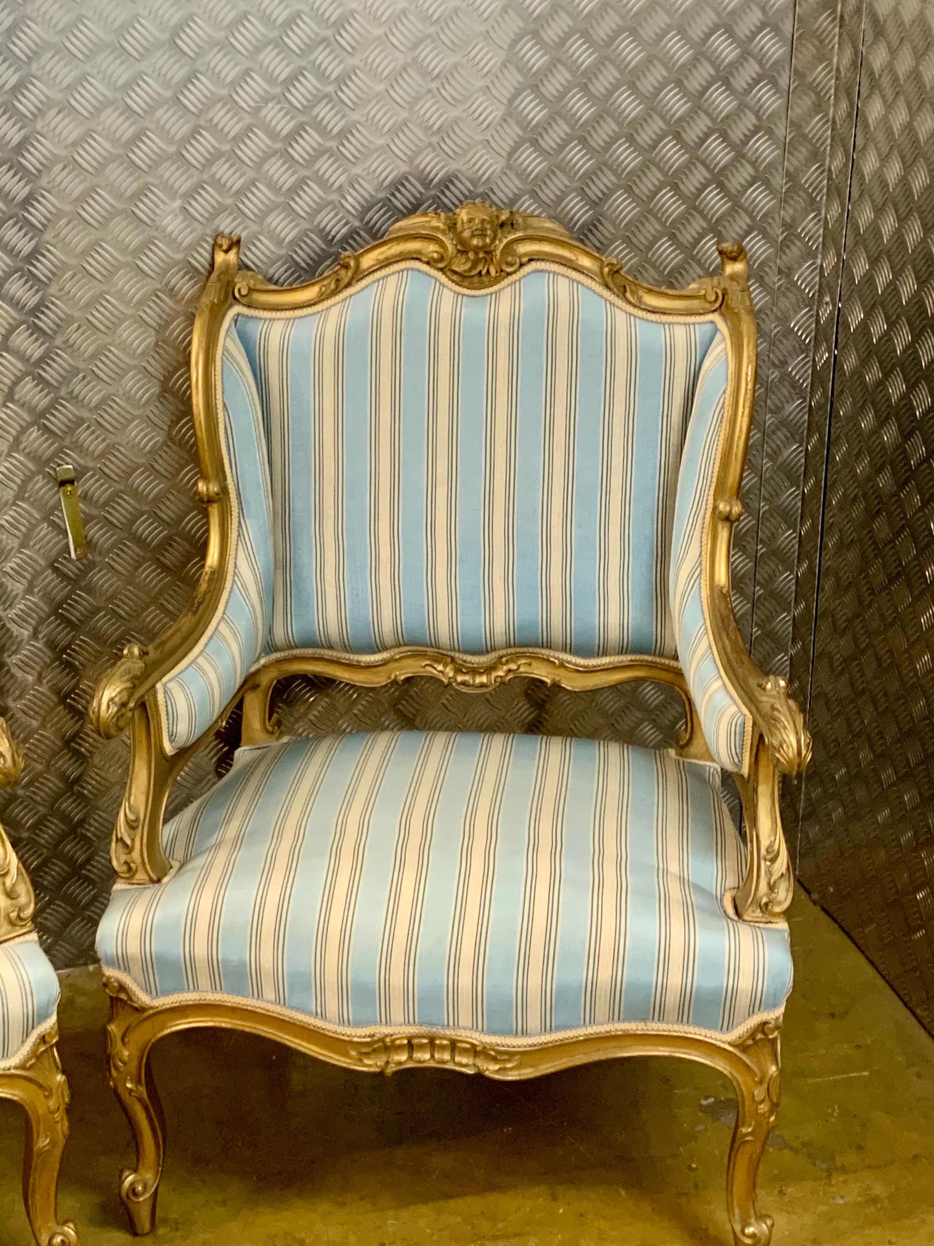 Late 19th Century Pair of Large French Upholstered Wing Back Arm Chairs