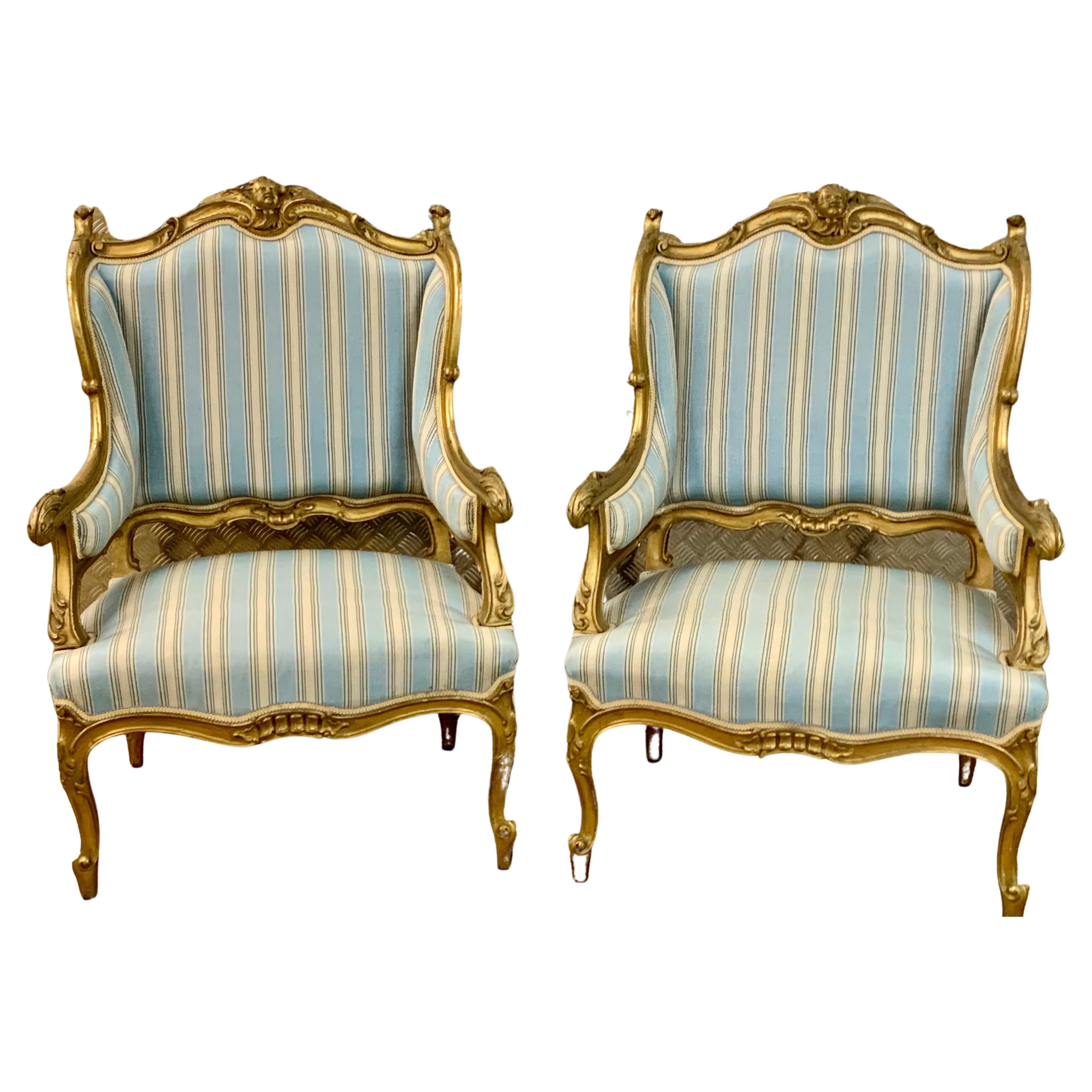 Pair of Large French Upholstered Wing Back Arm Chairs