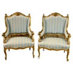 Pair of Large French Upholstered Wing Back Arm Chairs