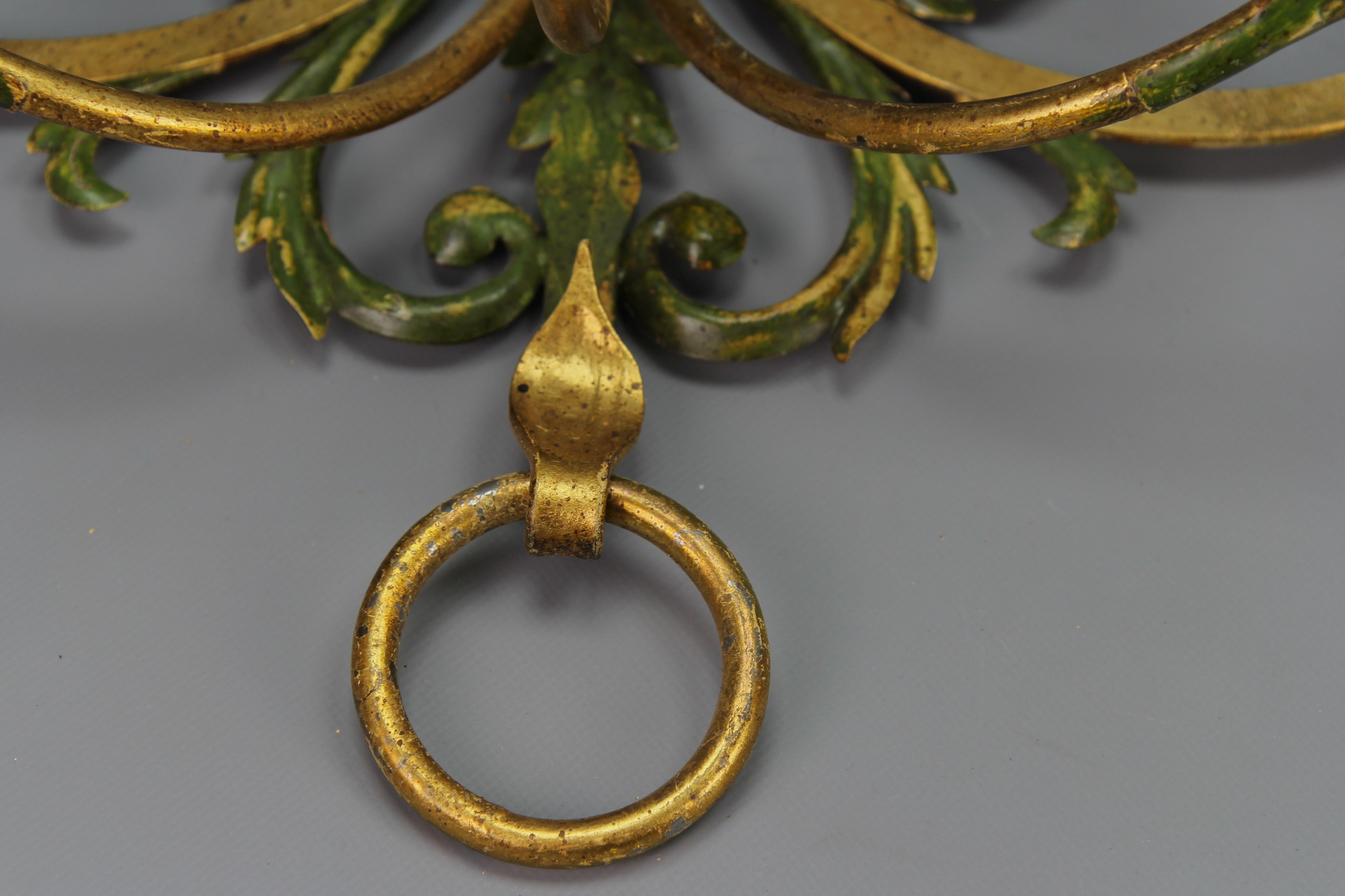 A Pair of Large Gilt and Green Color Metal and Wood Sconces, Italy, ca. 1960s For Sale 4