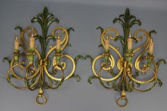 A Pair of Large Gilt and Green Color Metal and Wood Sconces, Italy, ca. 1960s