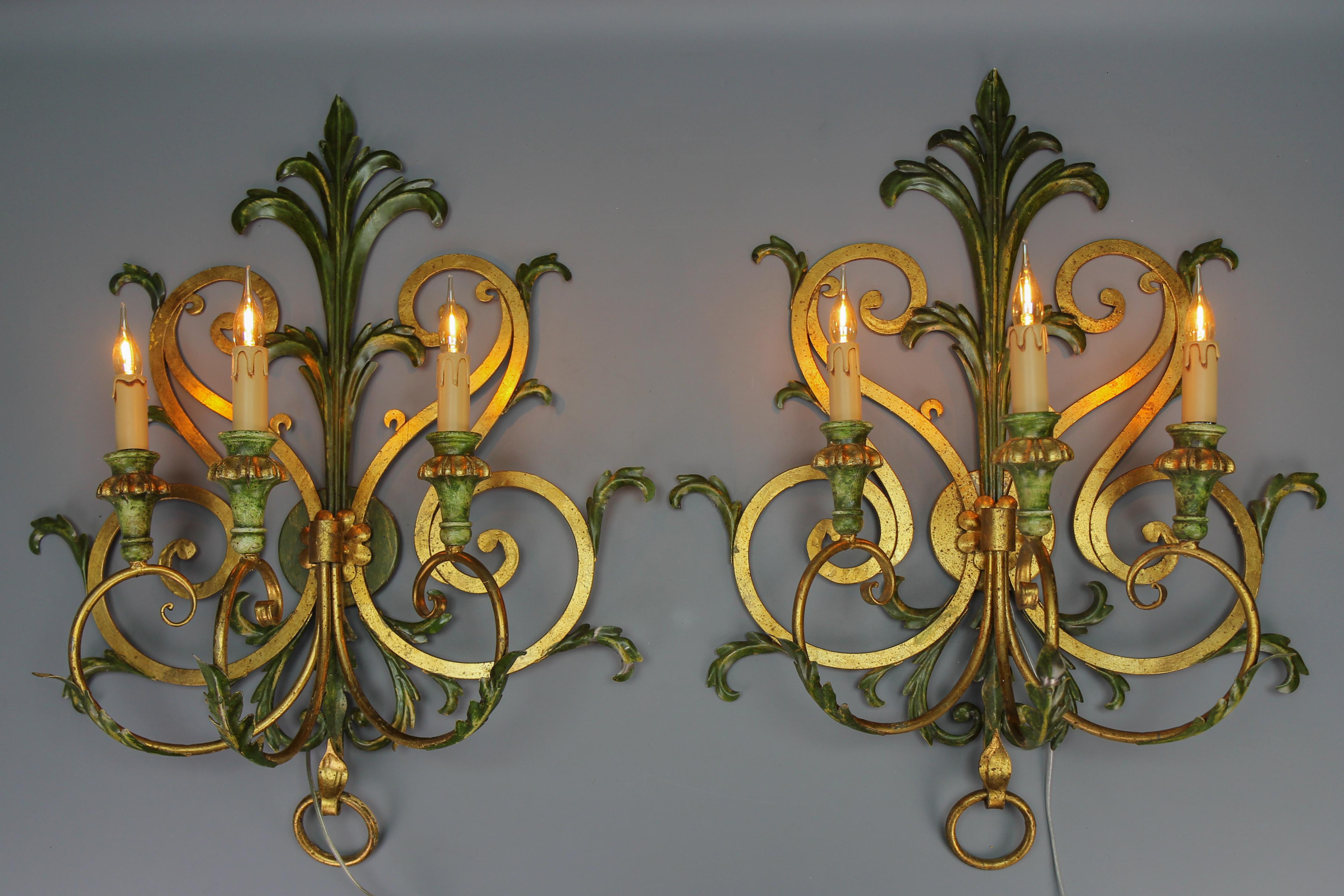 Italian A Pair of Large Gilt and Green Color Metal and Wood Sconces, Italy, ca. 1960s For Sale