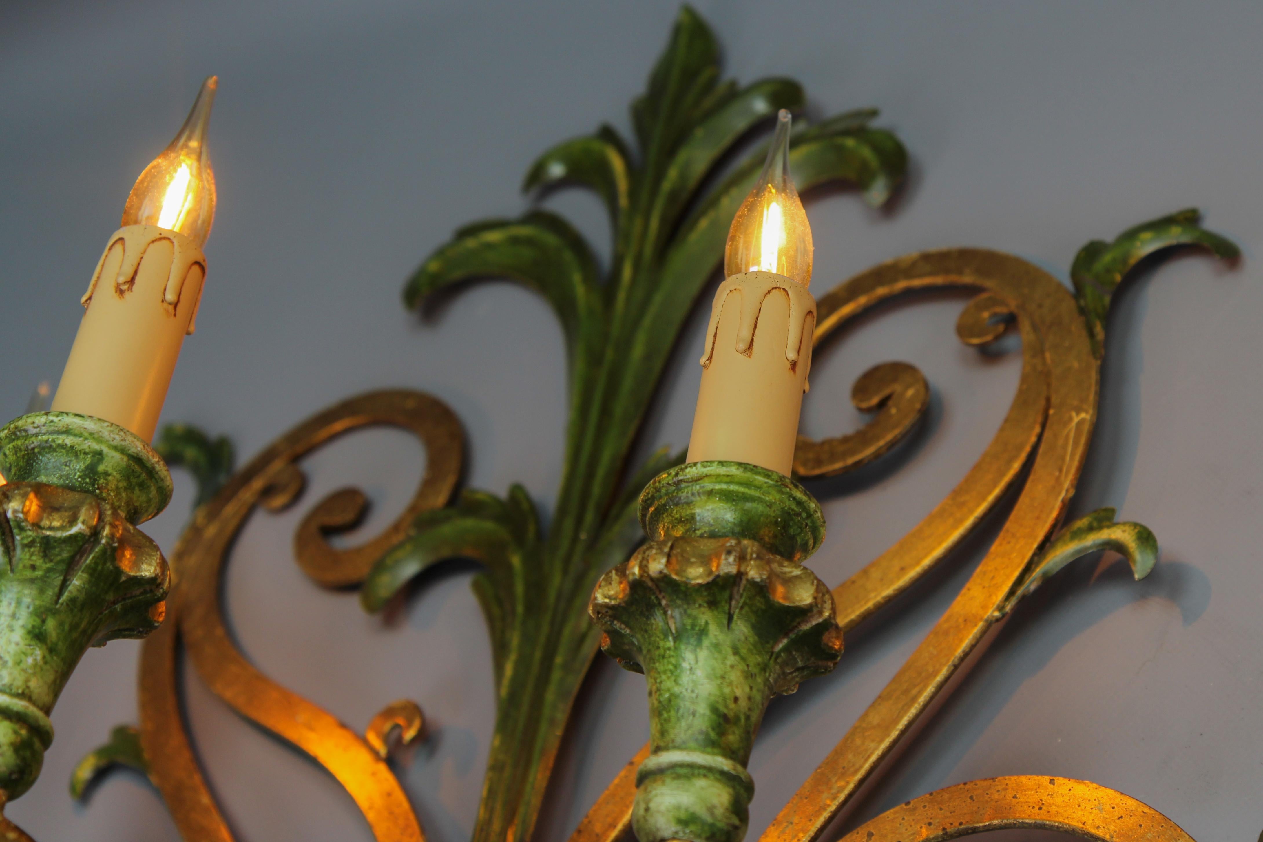 A Pair of Large Gilt and Green Color Metal and Wood Sconces, Italy, ca. 1960s For Sale 2