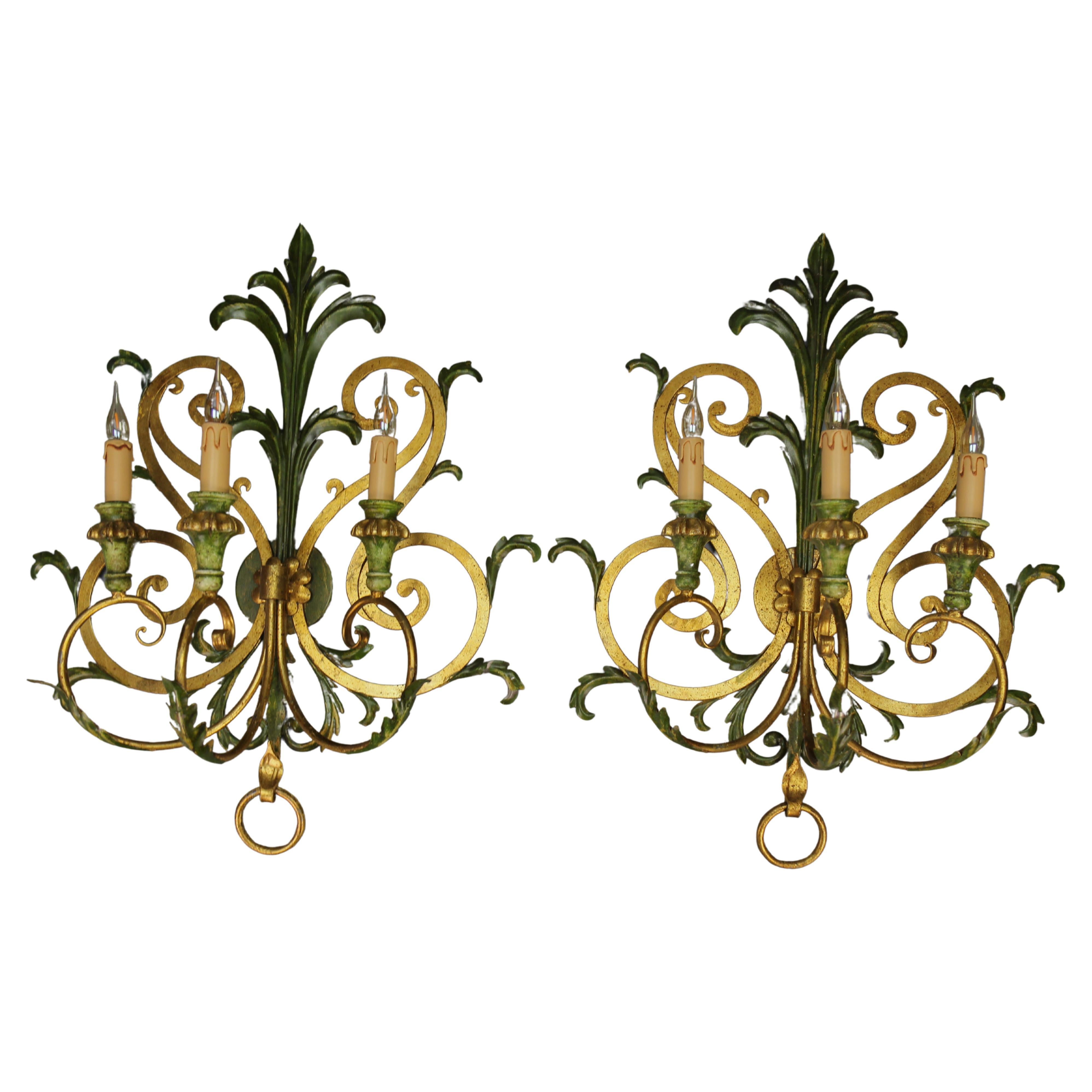 A Pair of Large Gilt and Green Color Metal and Wood Sconces, Italy, ca. 1960s For Sale