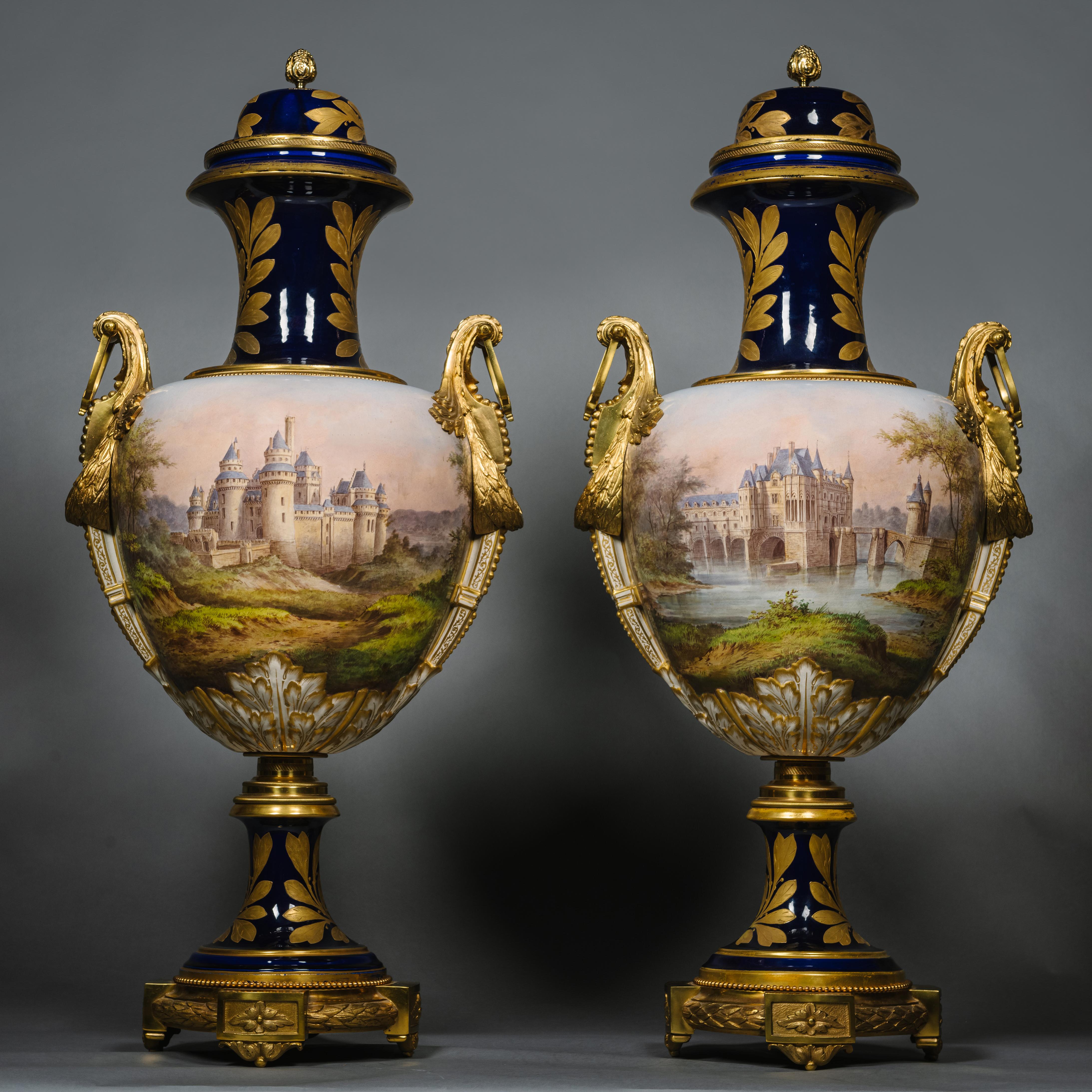 Louis XVI A Pair of Large Gilt-Bronze Mounted Sèvres-Style Porcelain Vases For Sale