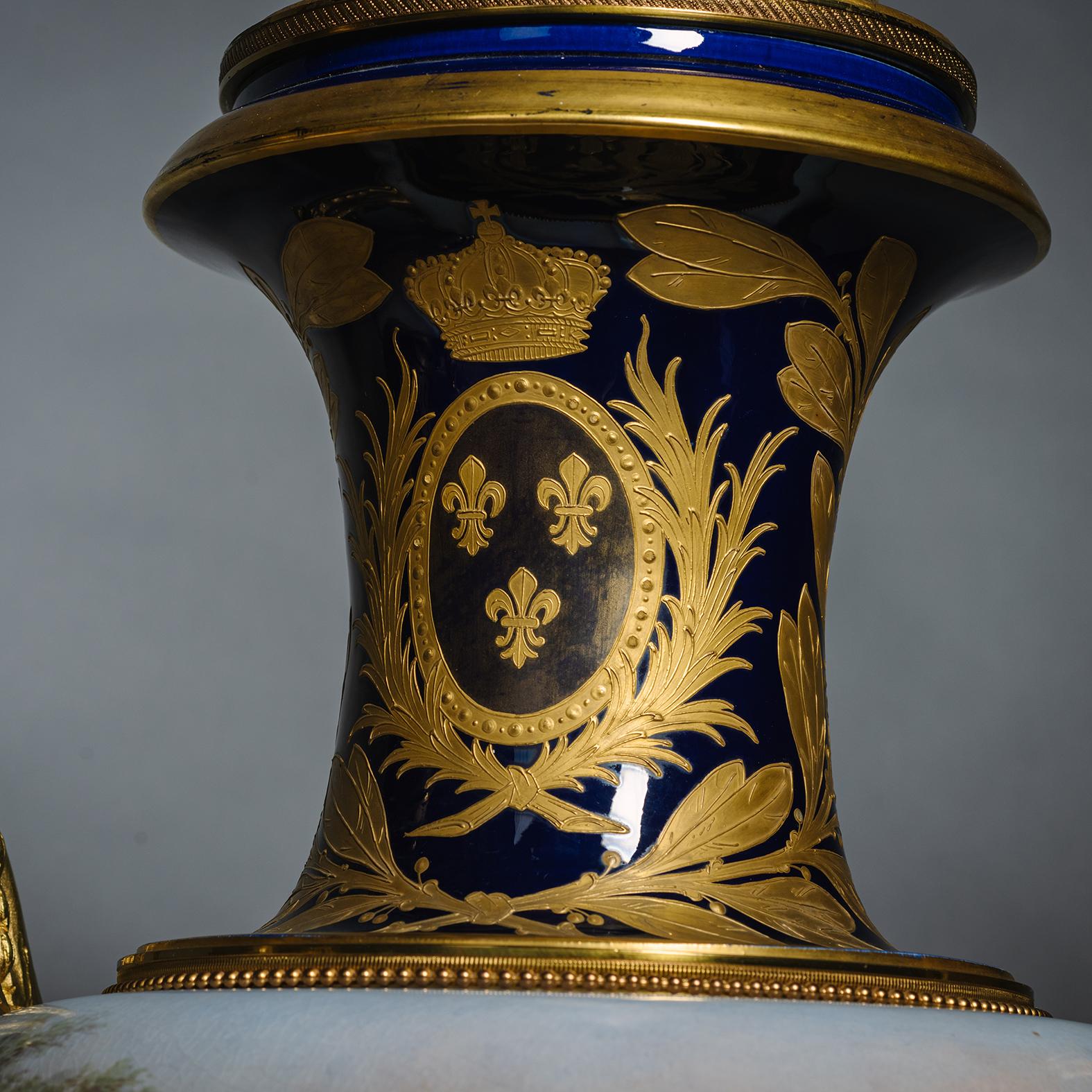 A Pair of Large Gilt-Bronze Mounted Sèvres-Style Porcelain Vases For Sale 3