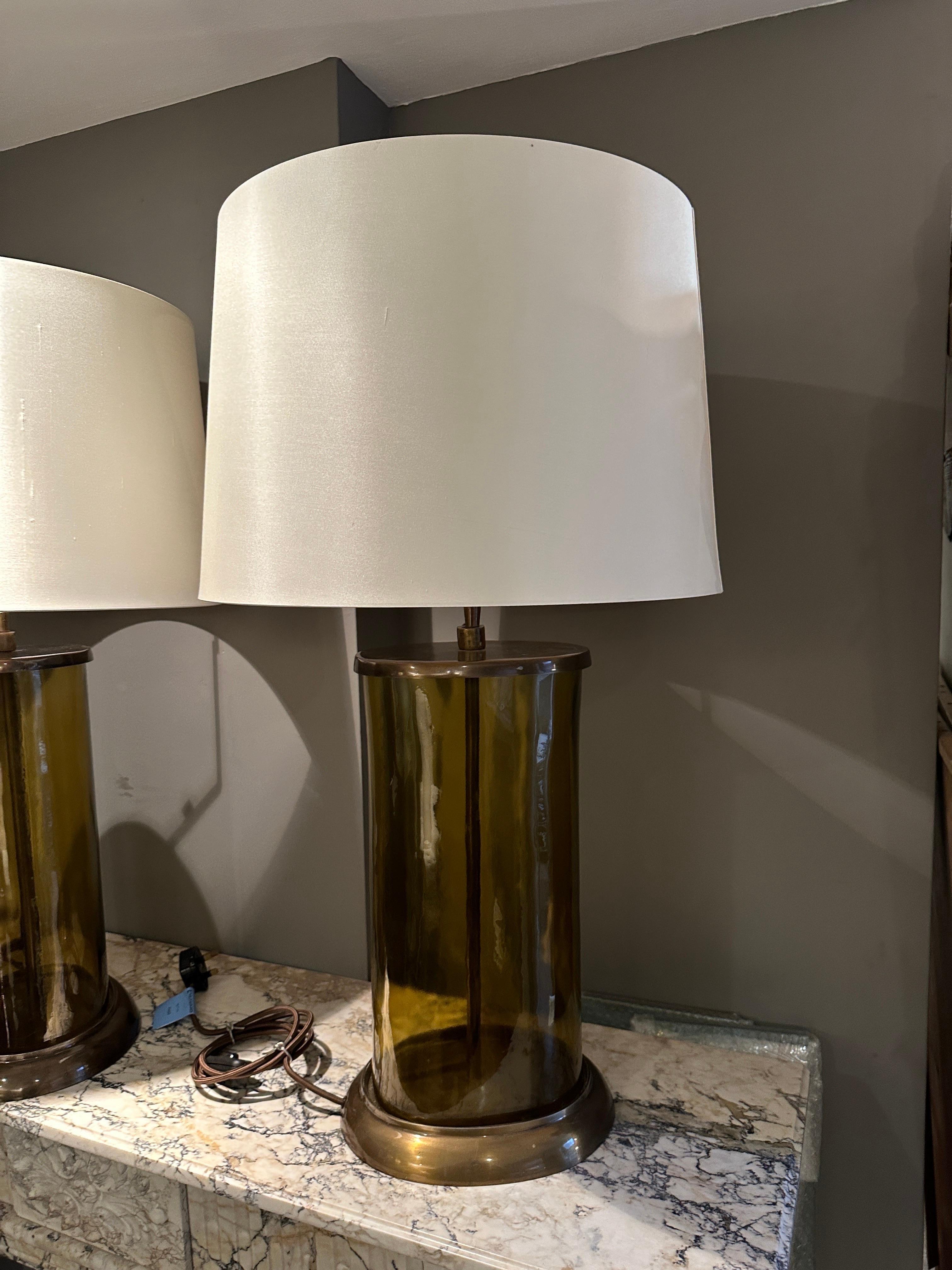 A pair Of Large Glass And Patinated Brass Table Lamps  For Sale 5