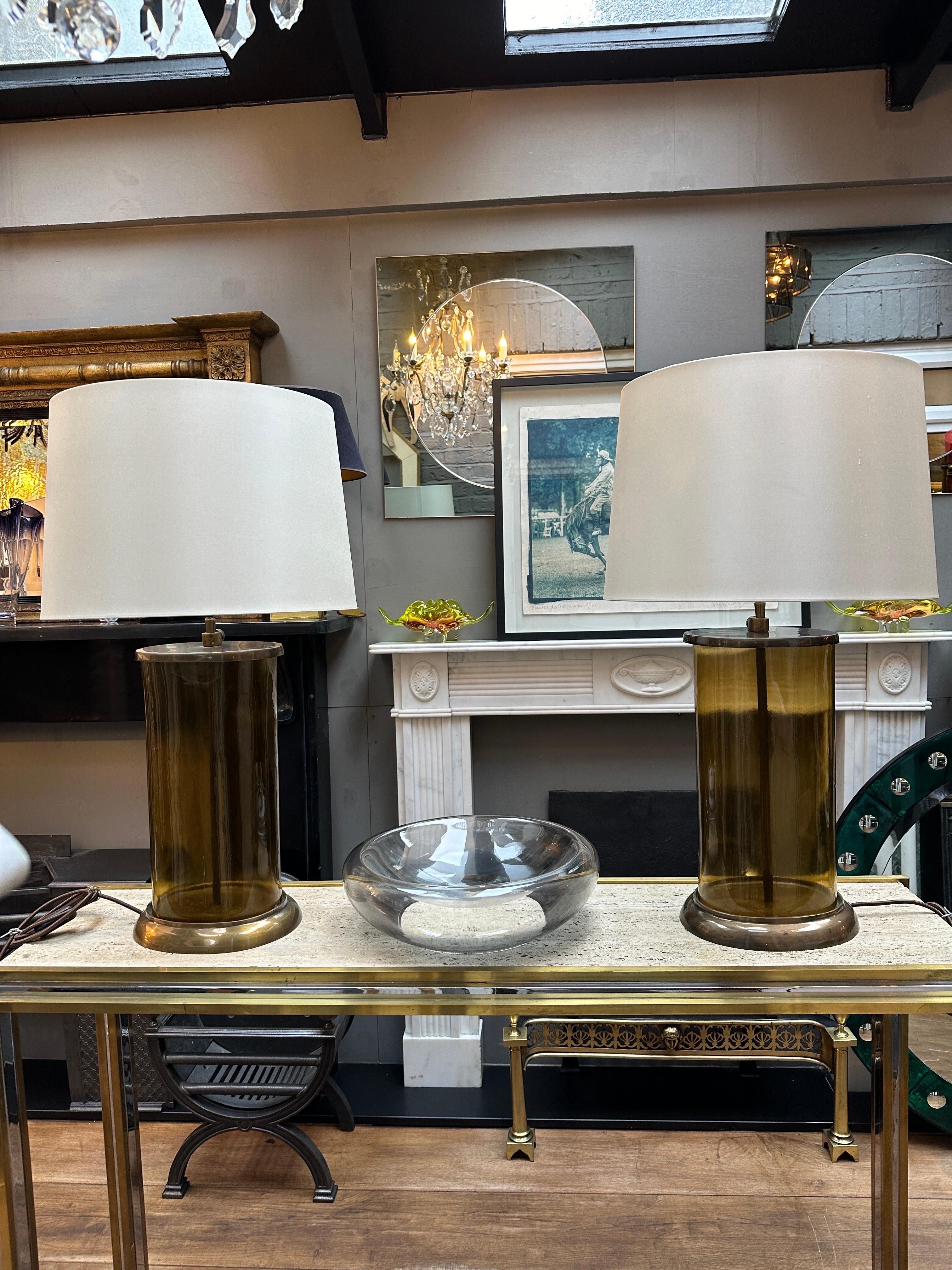 A pair Of Large Glass And Patinated Brass Table Lamps  For Sale 7