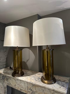 A pair Of Large Glass And Patinated Brass Table Lamps