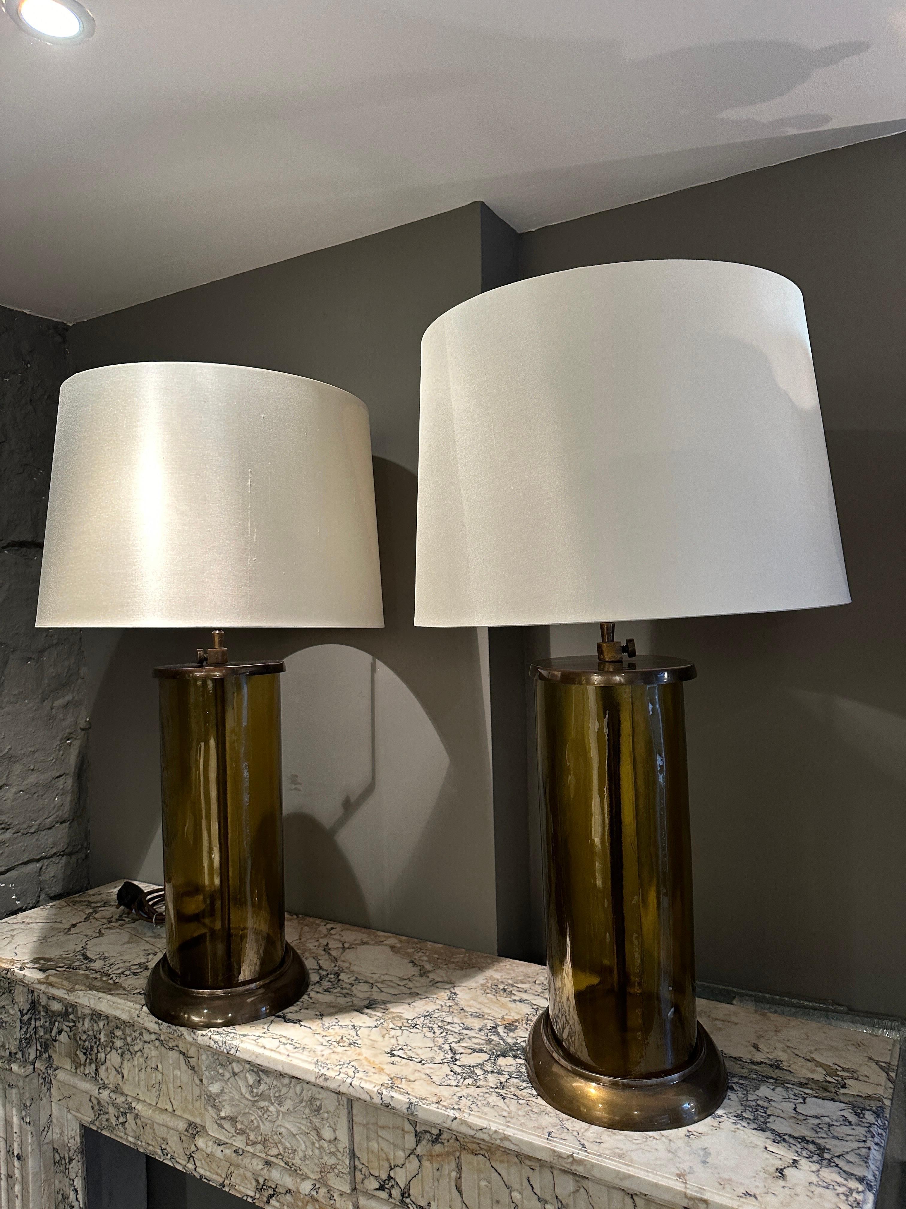 Modern A pair Of Large Glass And Patinated Brass Table Lamps  For Sale
