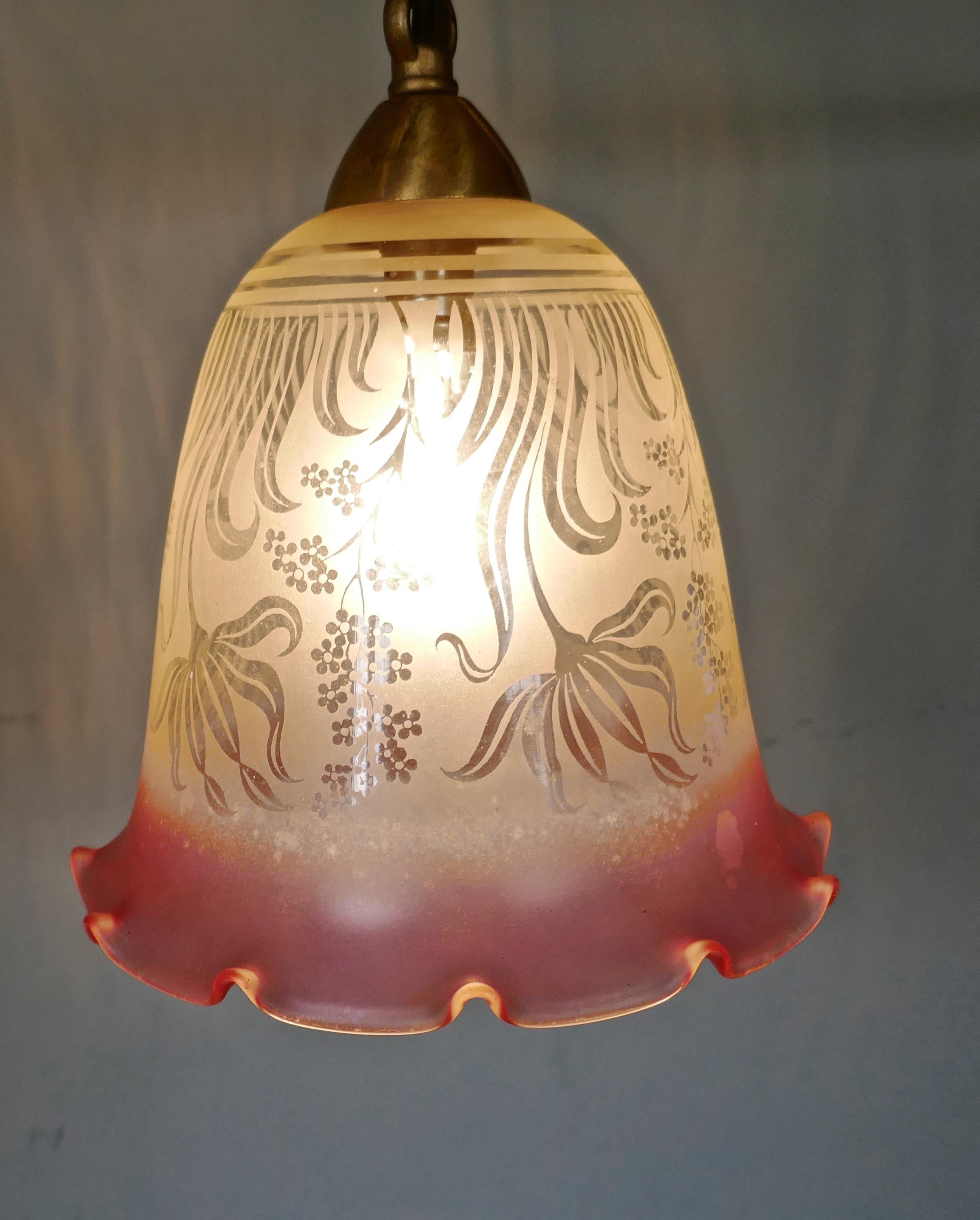 Pair of Large Glass Ceiling Lights Etched, Pink and Clear Pendant Lampshades 4