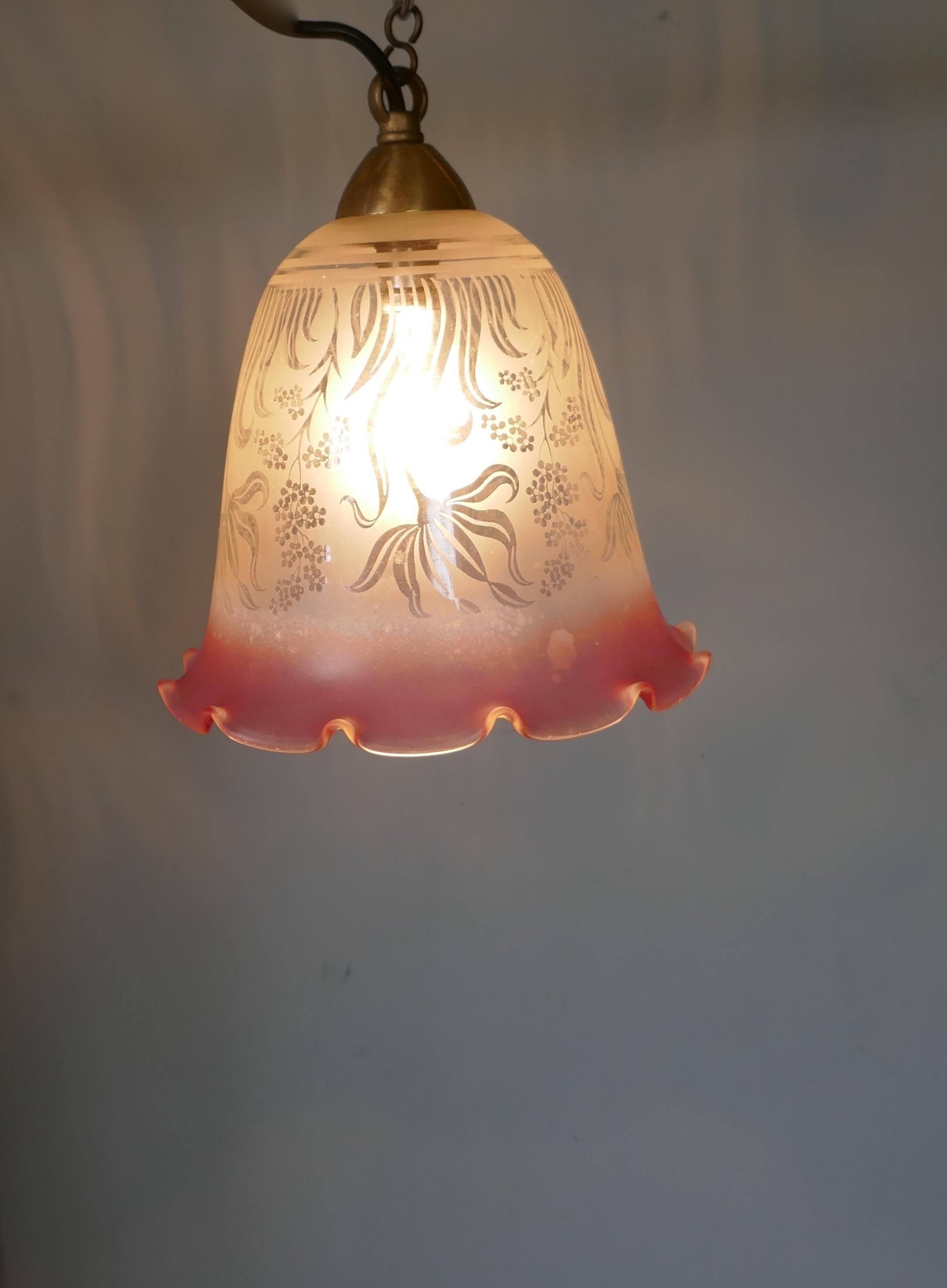 Pair of Large Glass Ceiling Lights Etched, Pink and Clear Pendant Lampshades 5