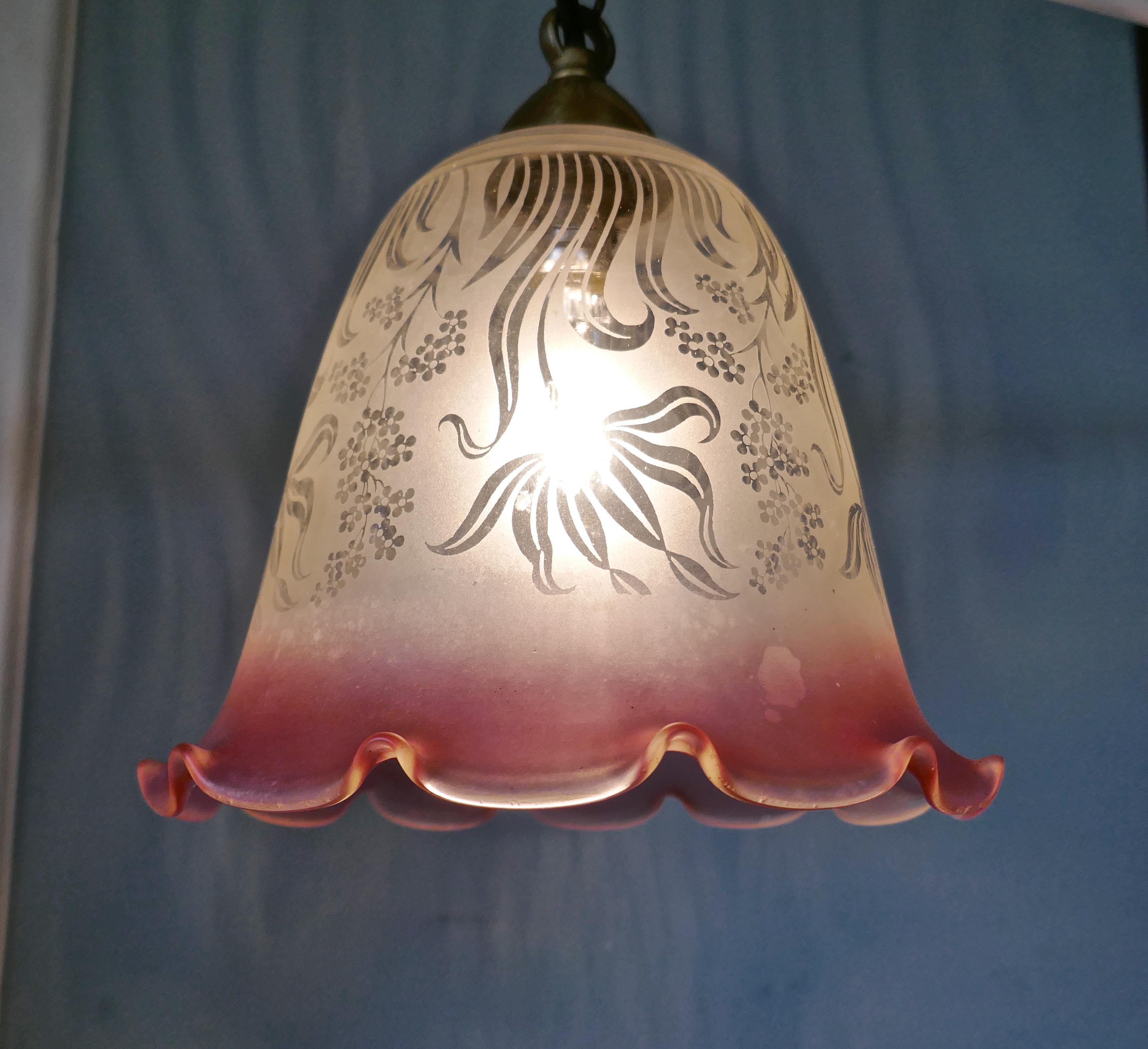 Pair of Large Glass Ceiling Lights Etched, Pink and Clear Pendant Lampshades 6