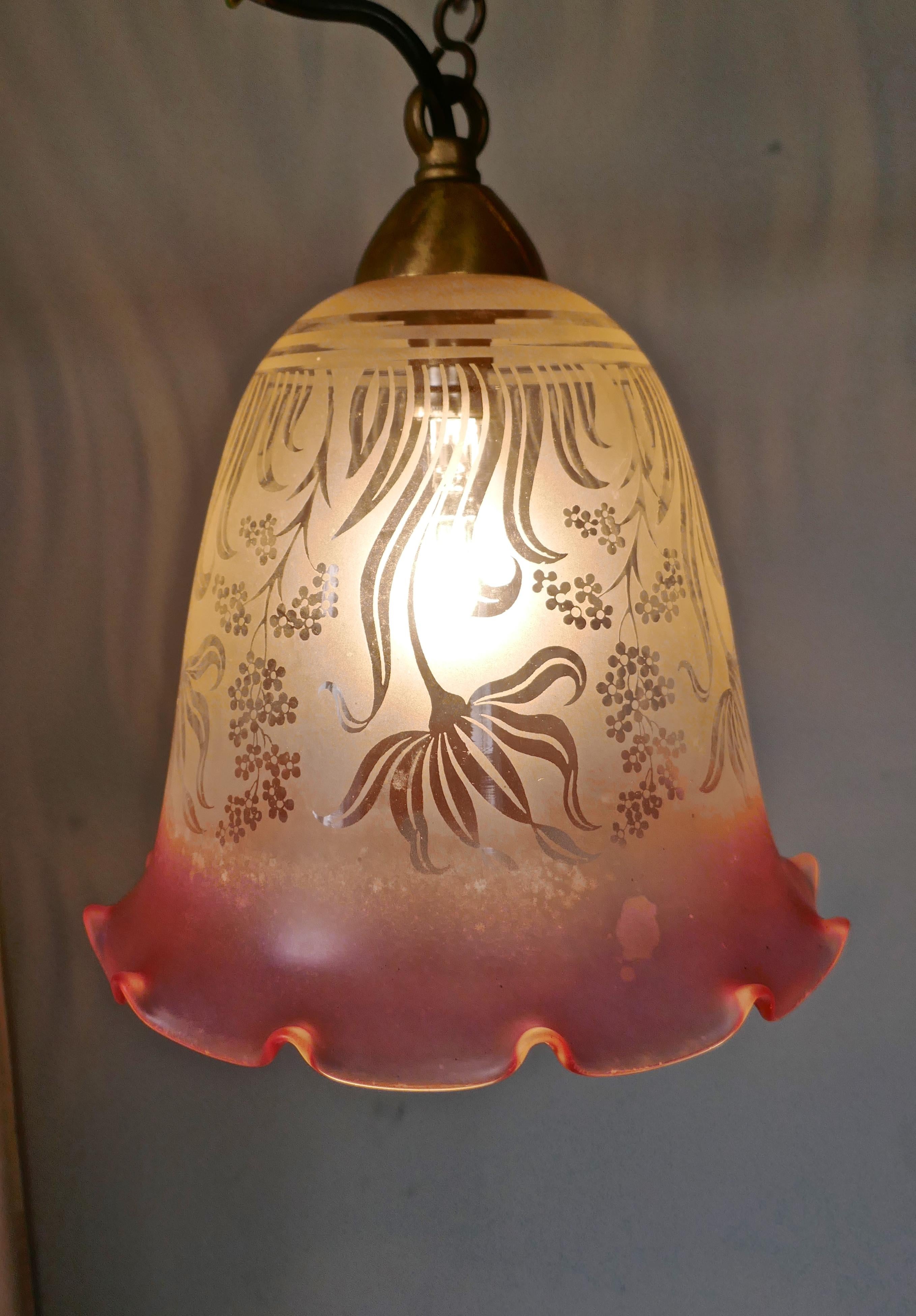 Pair of Large Glass Ceiling Lights Etched, Pink and Clear Pendant Lampshades 7