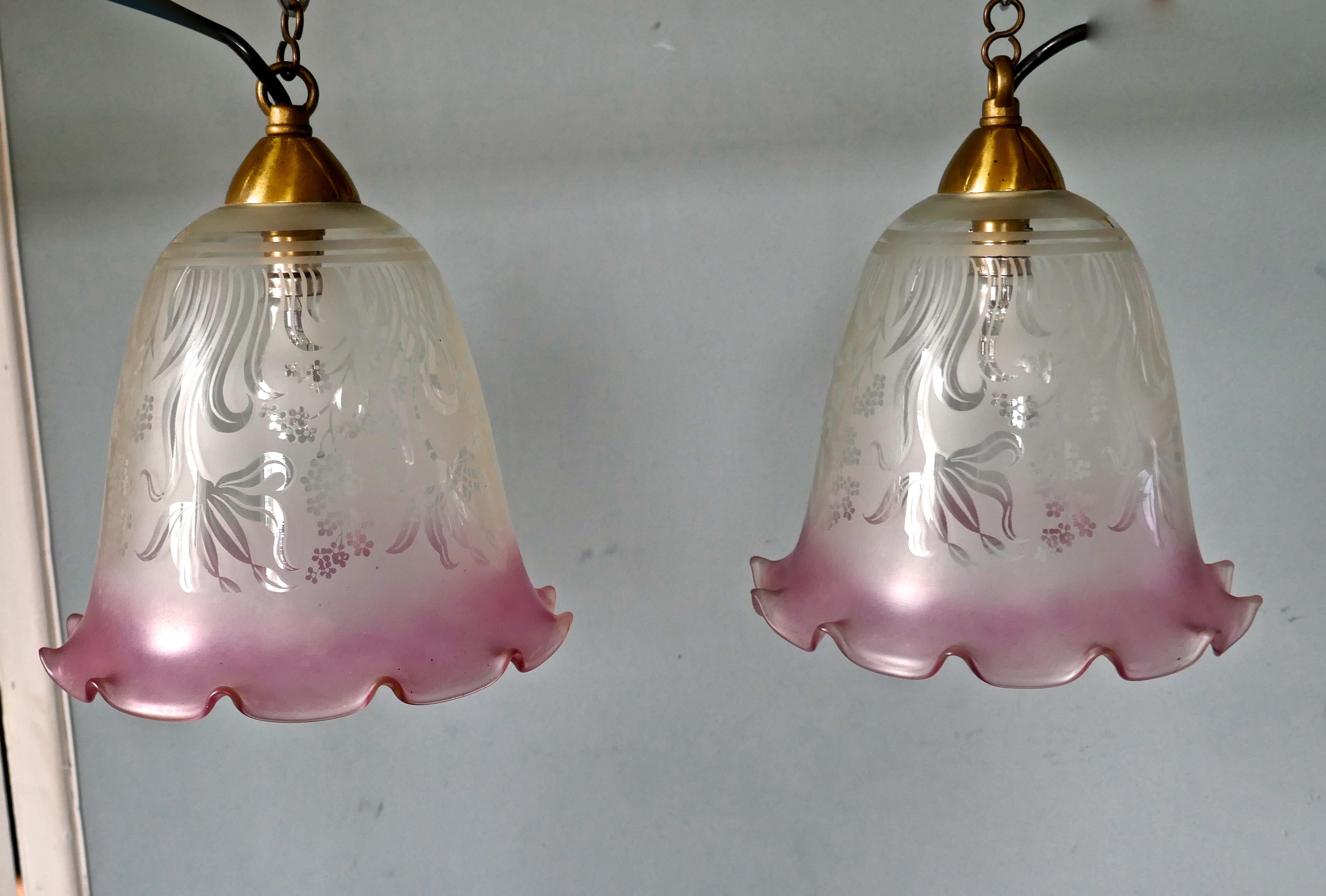Victorian Pair of Large Glass Ceiling Lights Etched, Pink and Clear Pendant Lampshades
