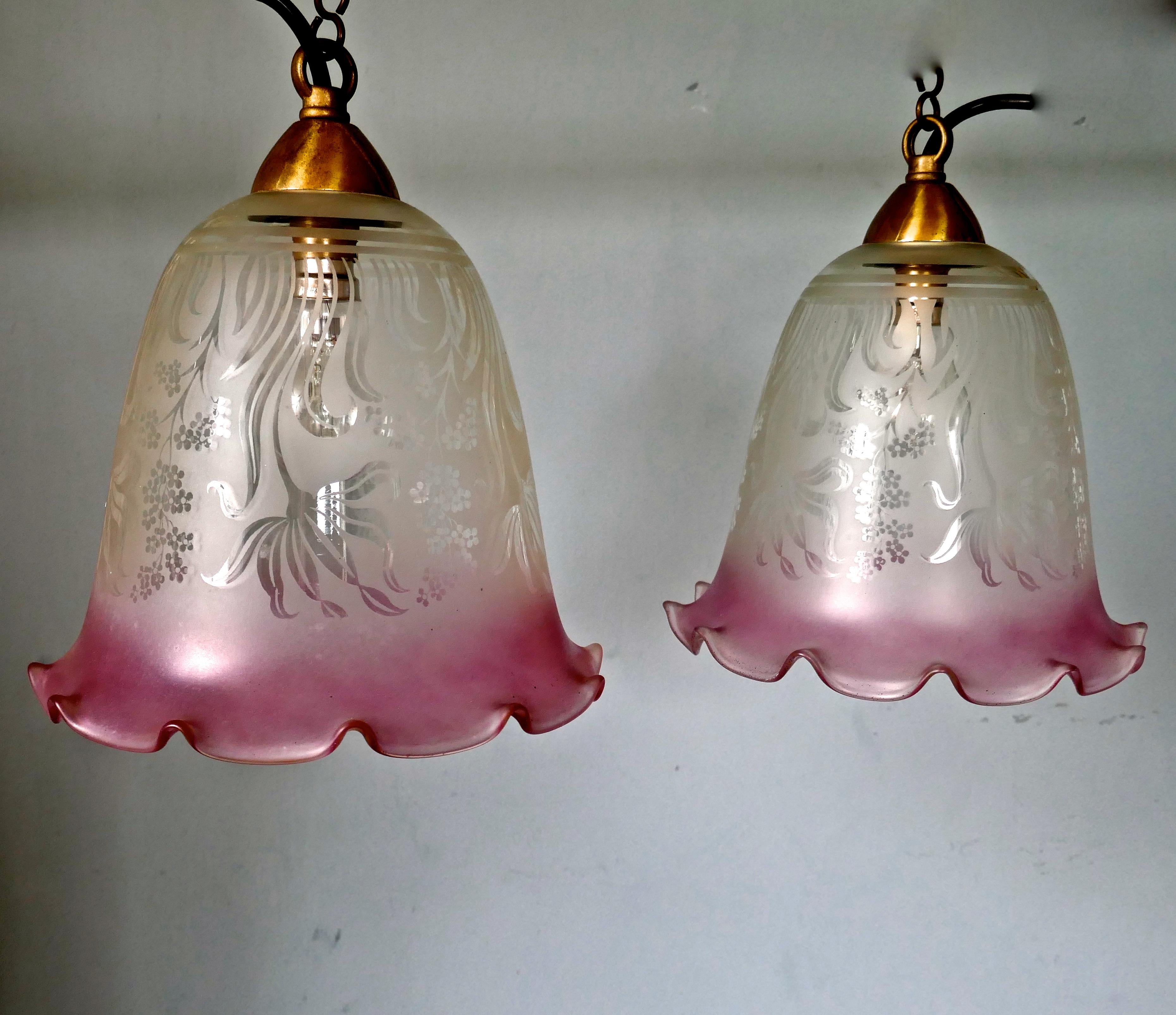 Pair of Large Glass Ceiling Lights Etched, Pink and Clear Pendant Lampshades In Good Condition In Chillerton, Isle of Wight