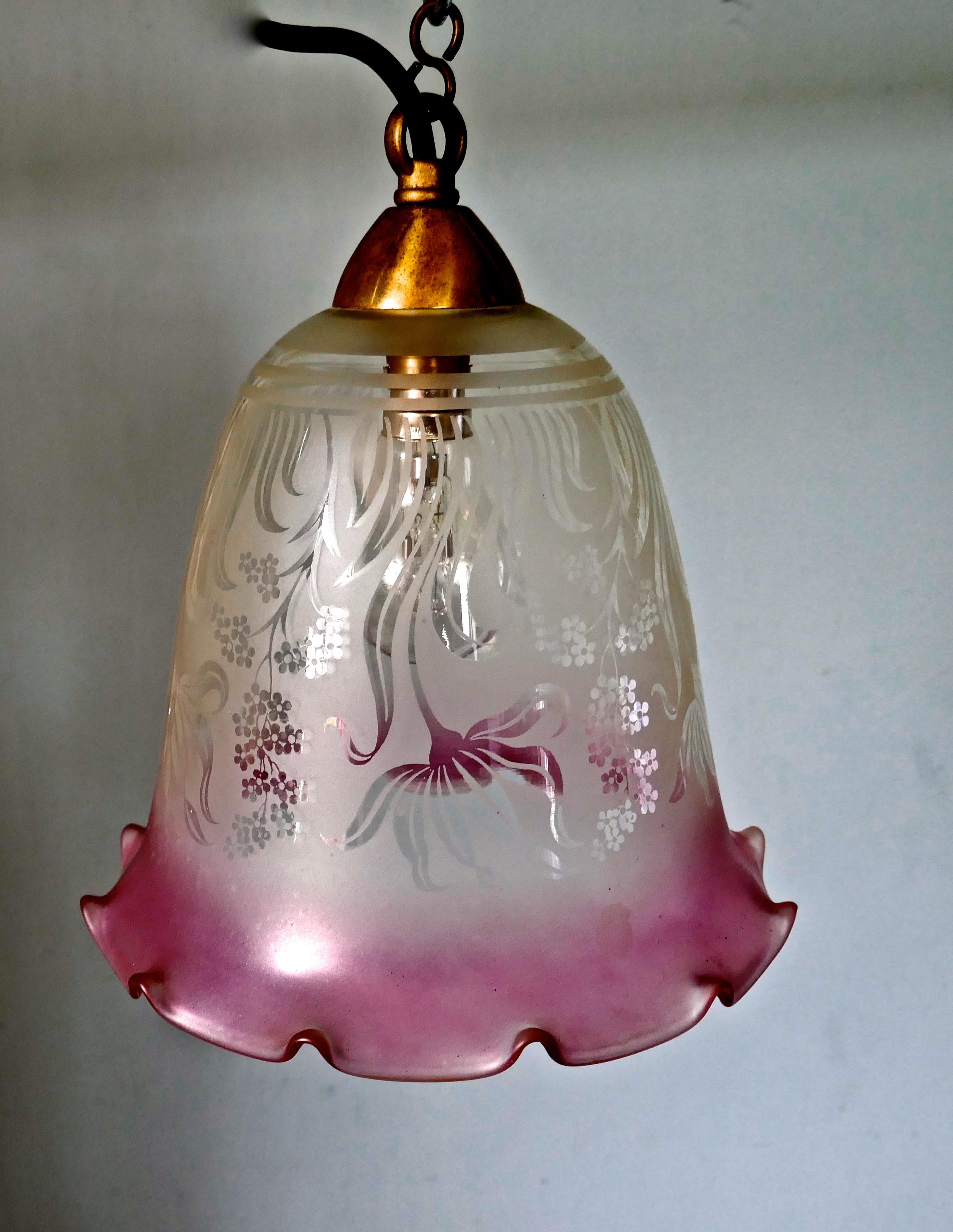 19th Century Pair of Large Glass Ceiling Lights Etched, Pink and Clear Pendant Lampshades