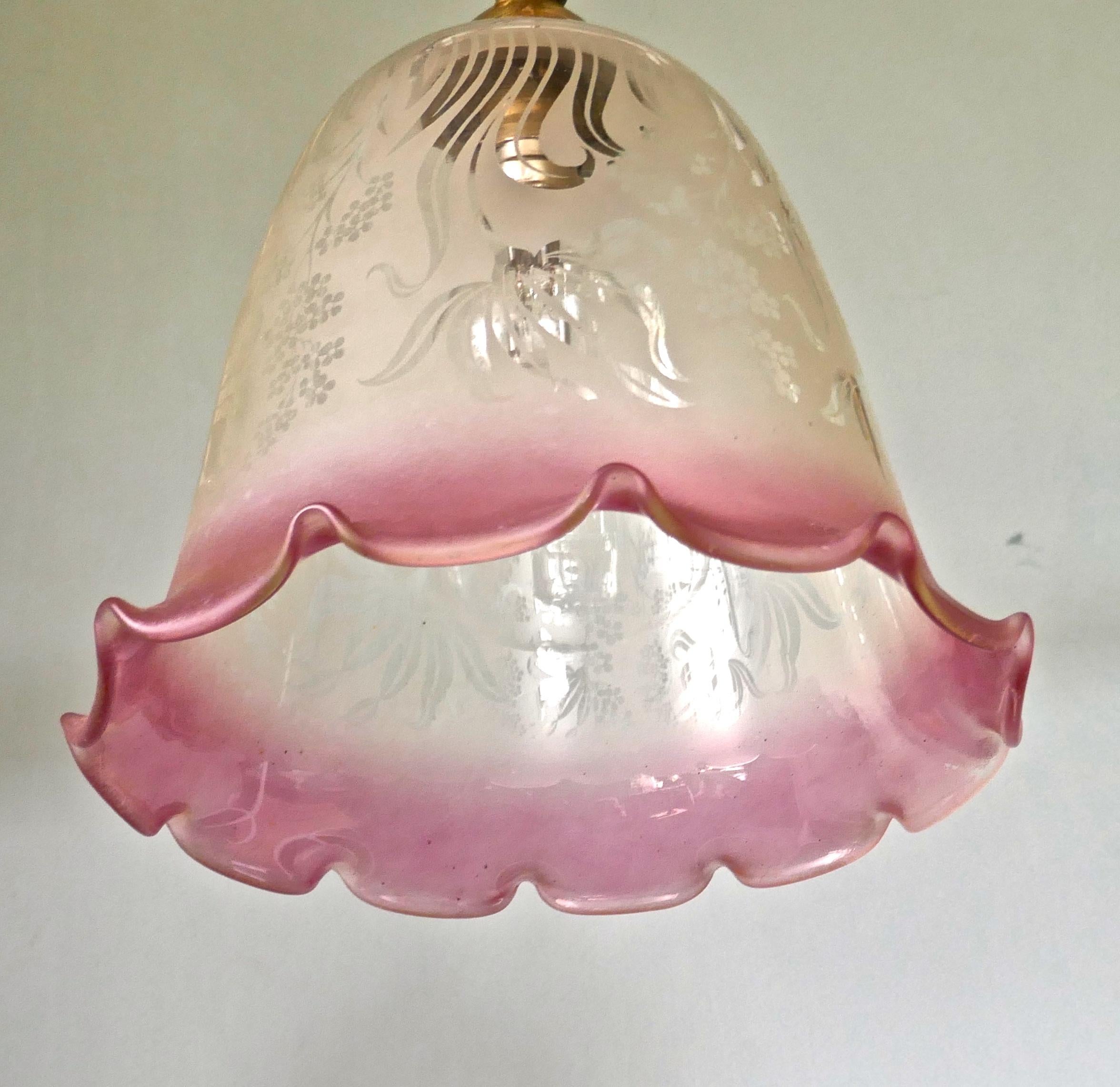 Pair of Large Glass Ceiling Lights Etched, Pink and Clear Pendant Lampshades 1
