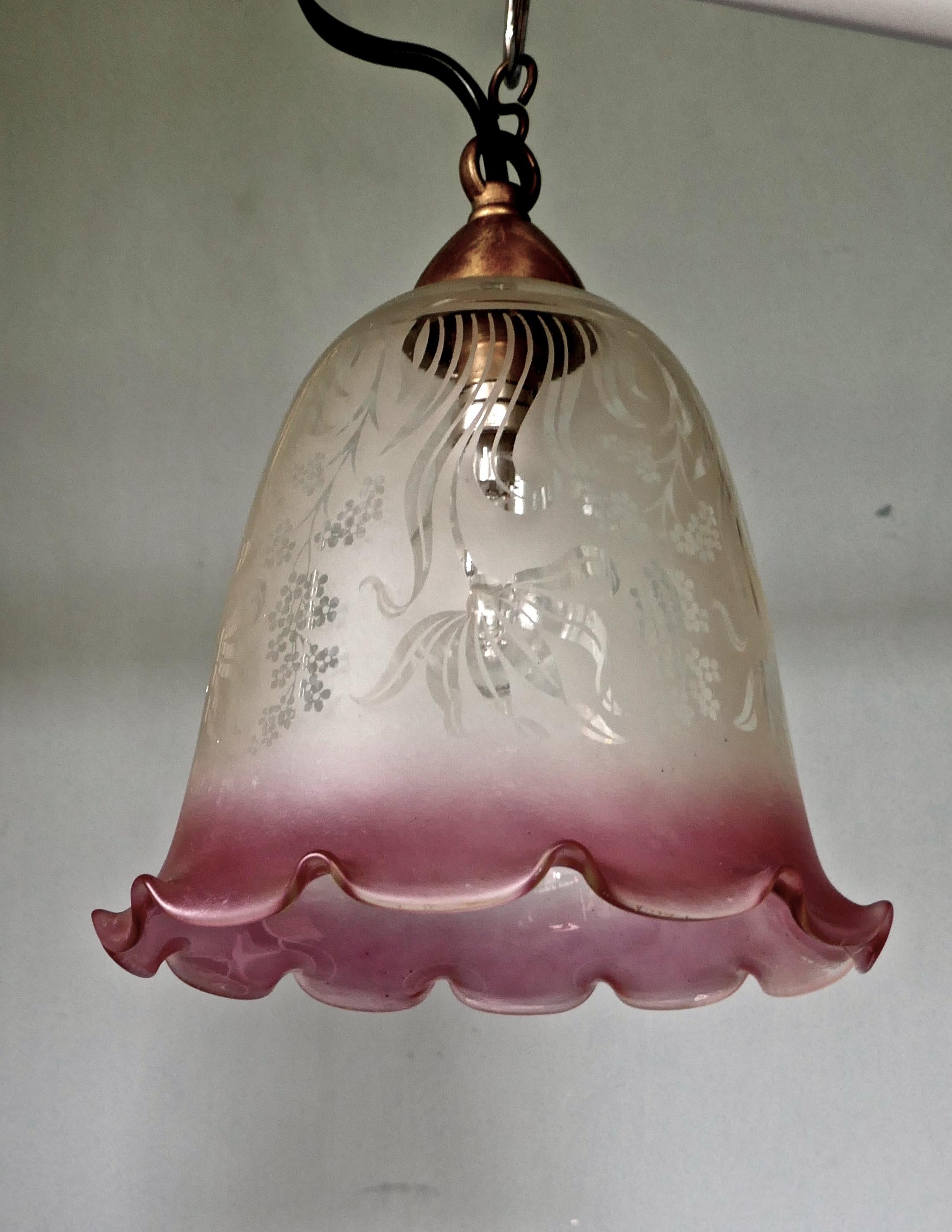 Pair of Large Glass Ceiling Lights Etched, Pink and Clear Pendant Lampshades 2