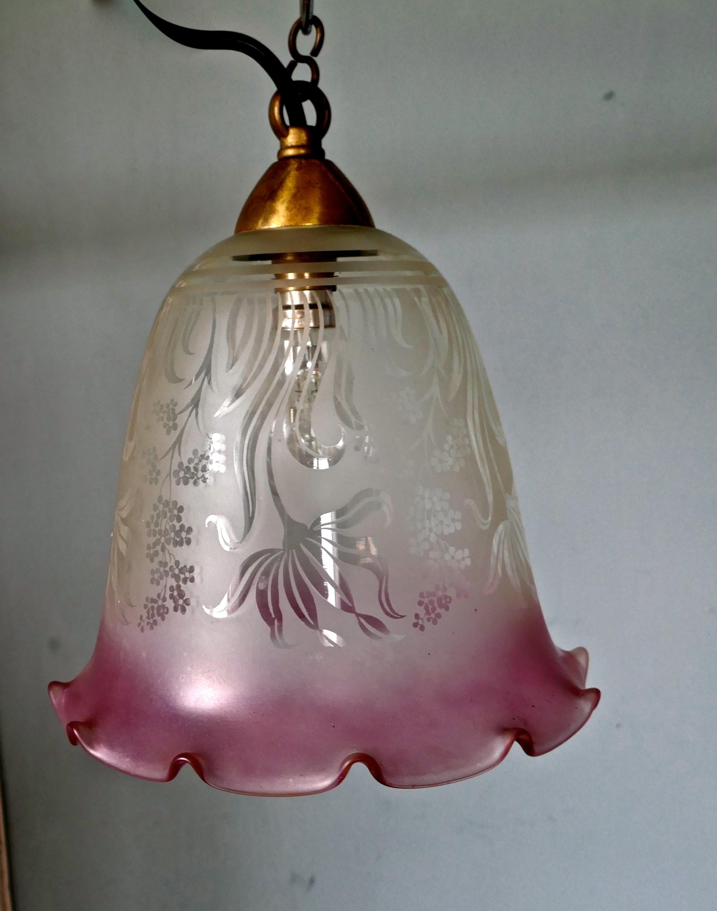 Pair of Large Glass Ceiling Lights Etched, Pink and Clear Pendant Lampshades 3