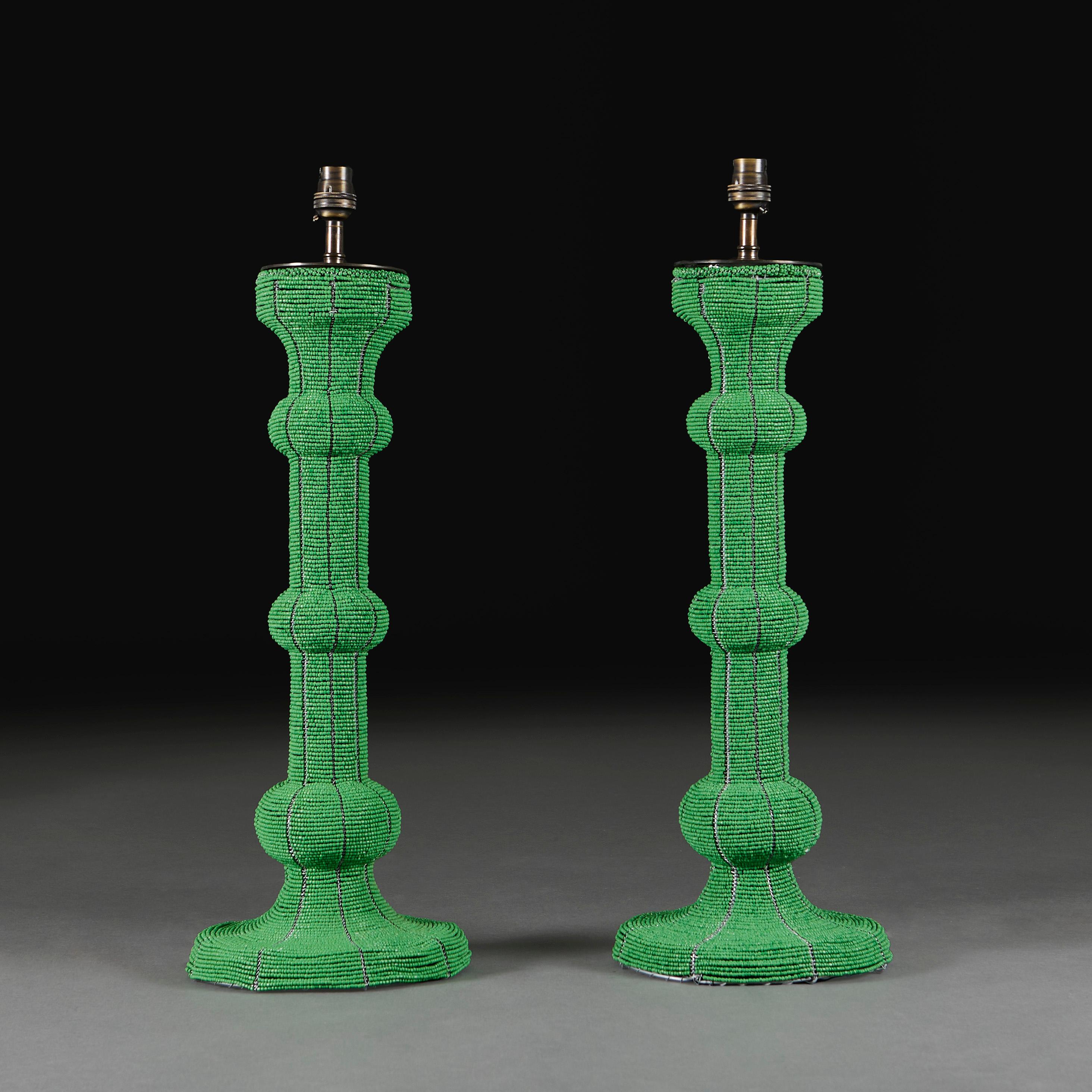 South African A Pair Of Large Green Beaded Zulu Lamps For Sale