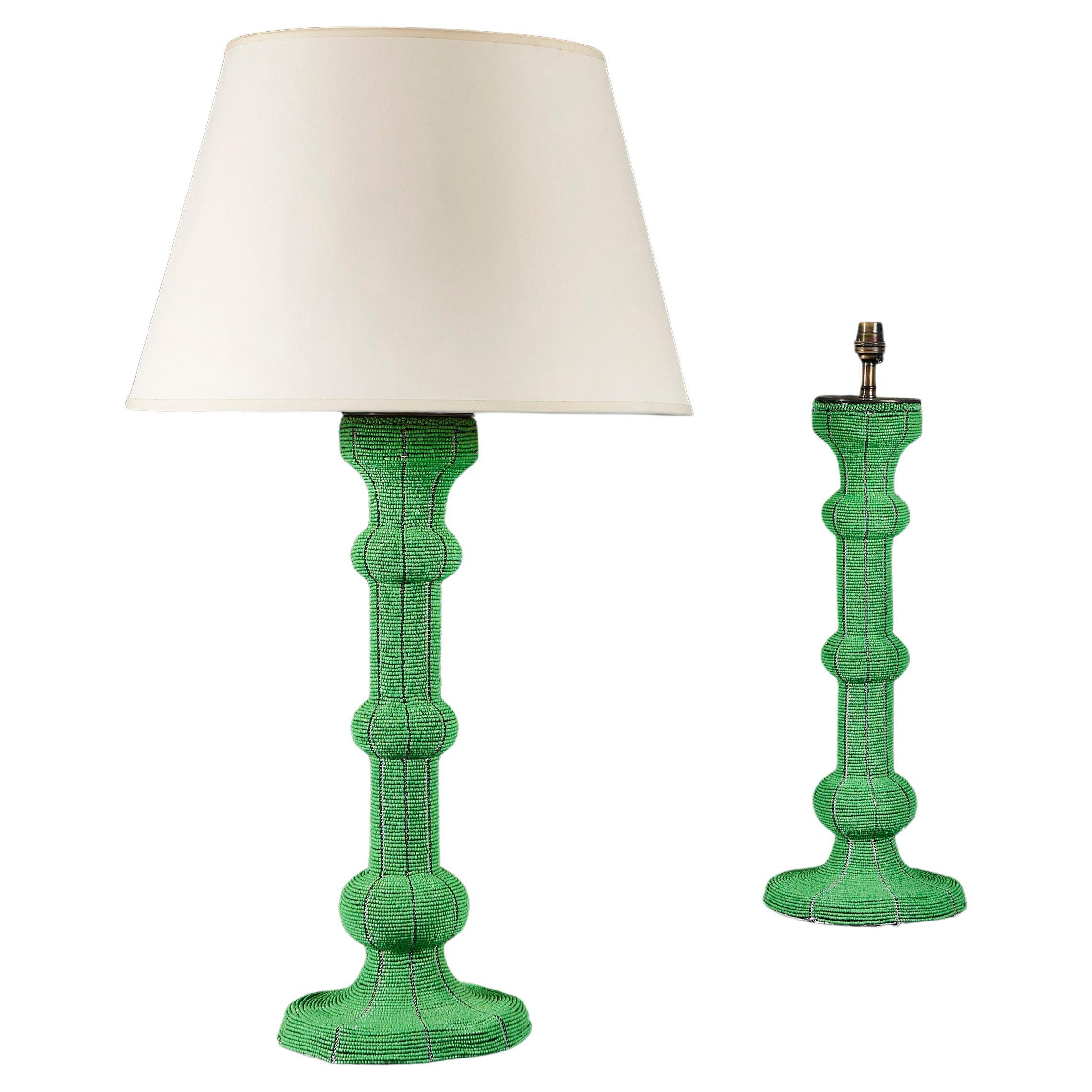 A Pair Of Large Green Beaded Zulu Lamps For Sale