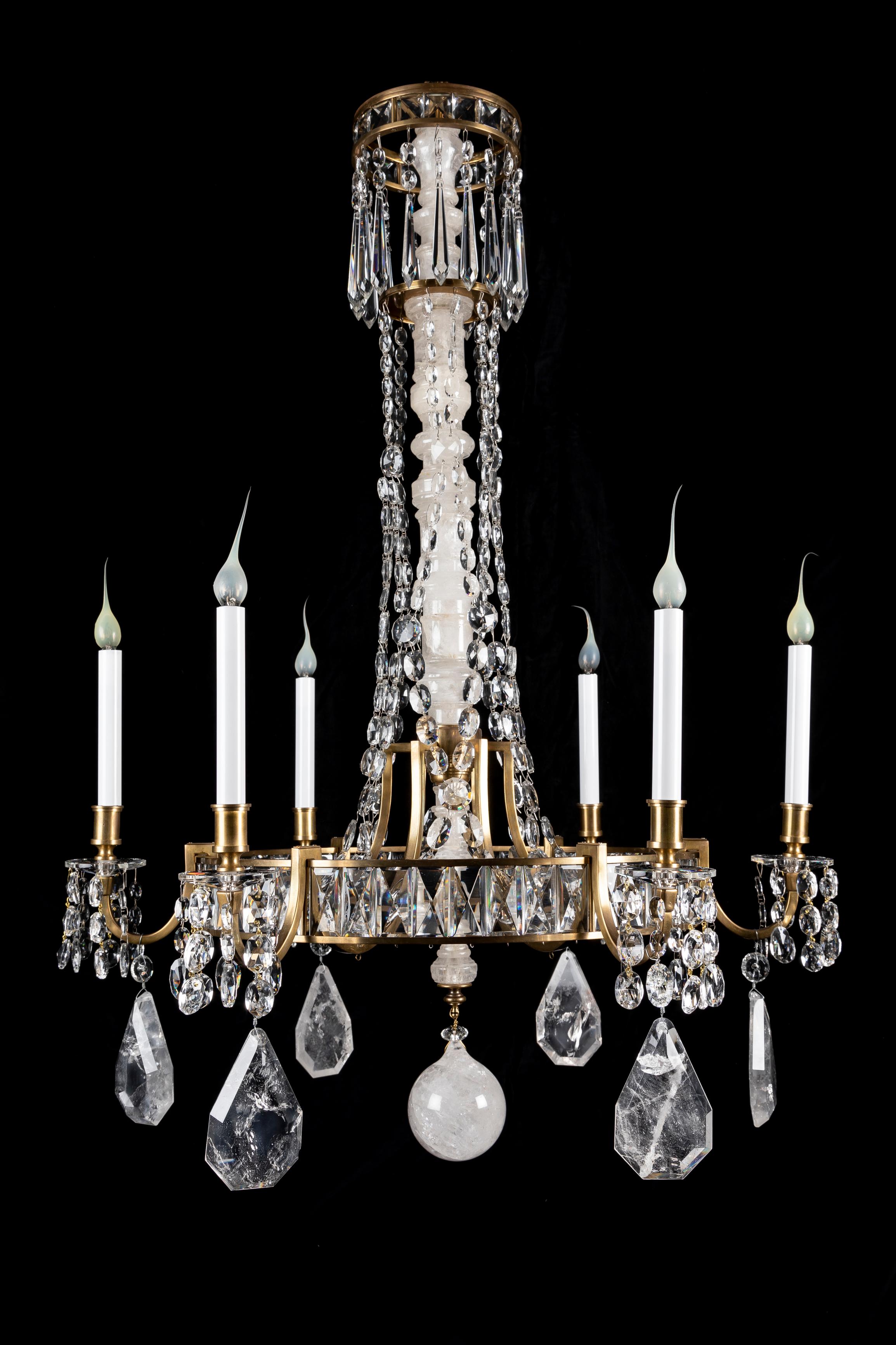 Hand-Crafted A Pair of Large Hollywood Regency French Bagues Style Rock Crystal Chandeliers  For Sale