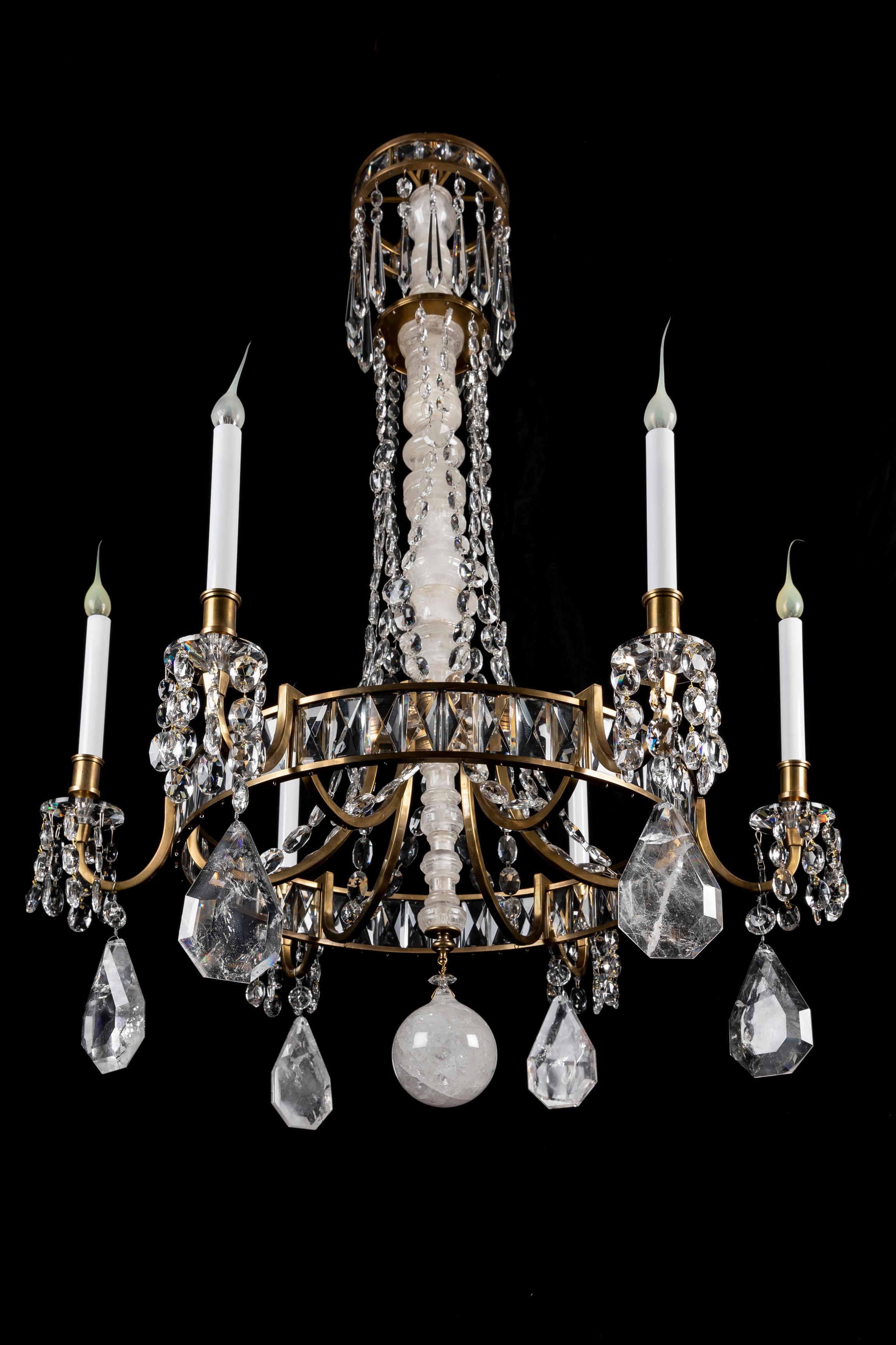 A Pair of Large Hollywood Regency French Bagues Style Rock Crystal Chandeliers  In Good Condition For Sale In New York, NY