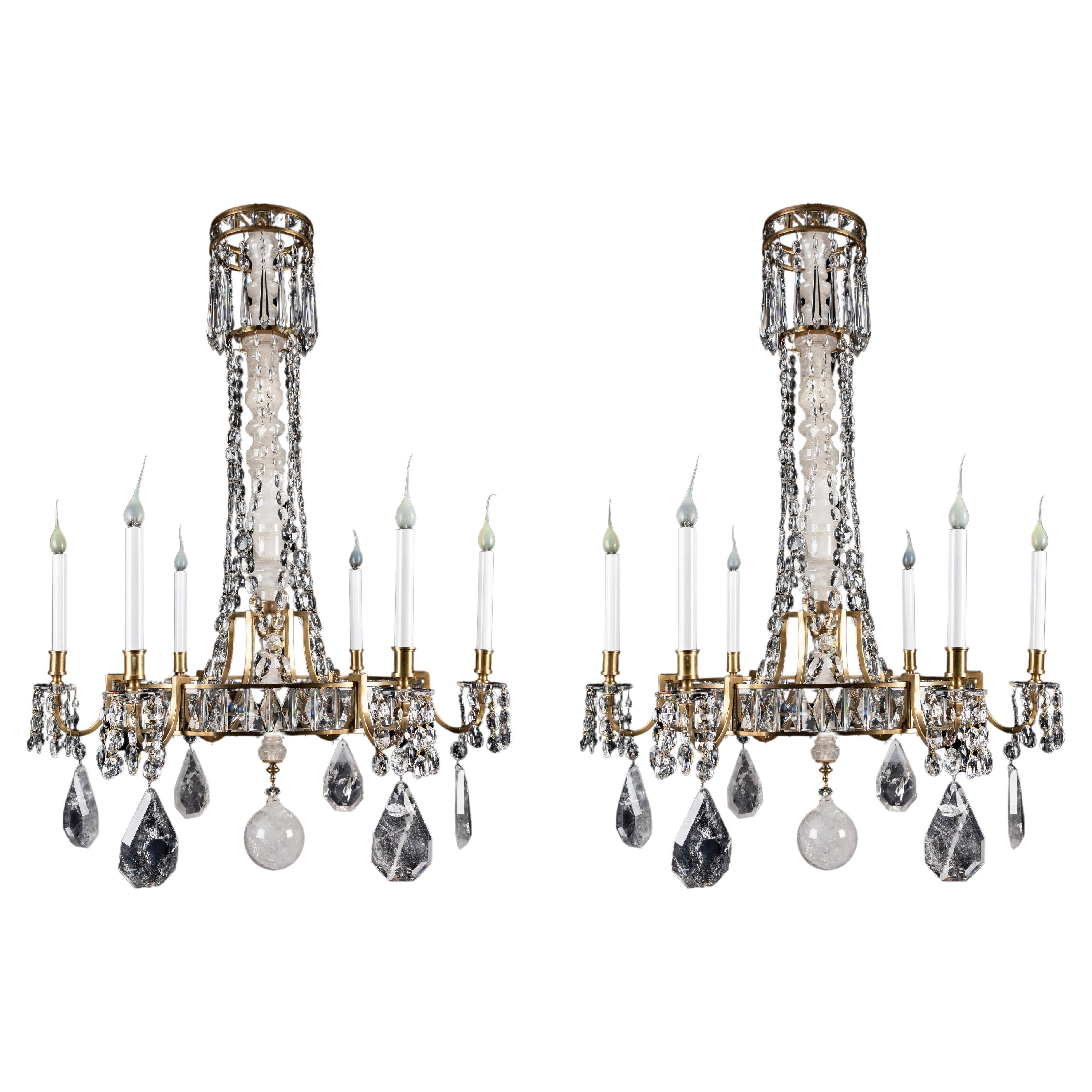 A Pair of Large Hollywood Regency French Bagues Style Rock Crystal Chandeliers  For Sale