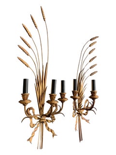 Pair of Large Italian, 1950s Gilt Metal Wheat Sheaf Wall Sconces