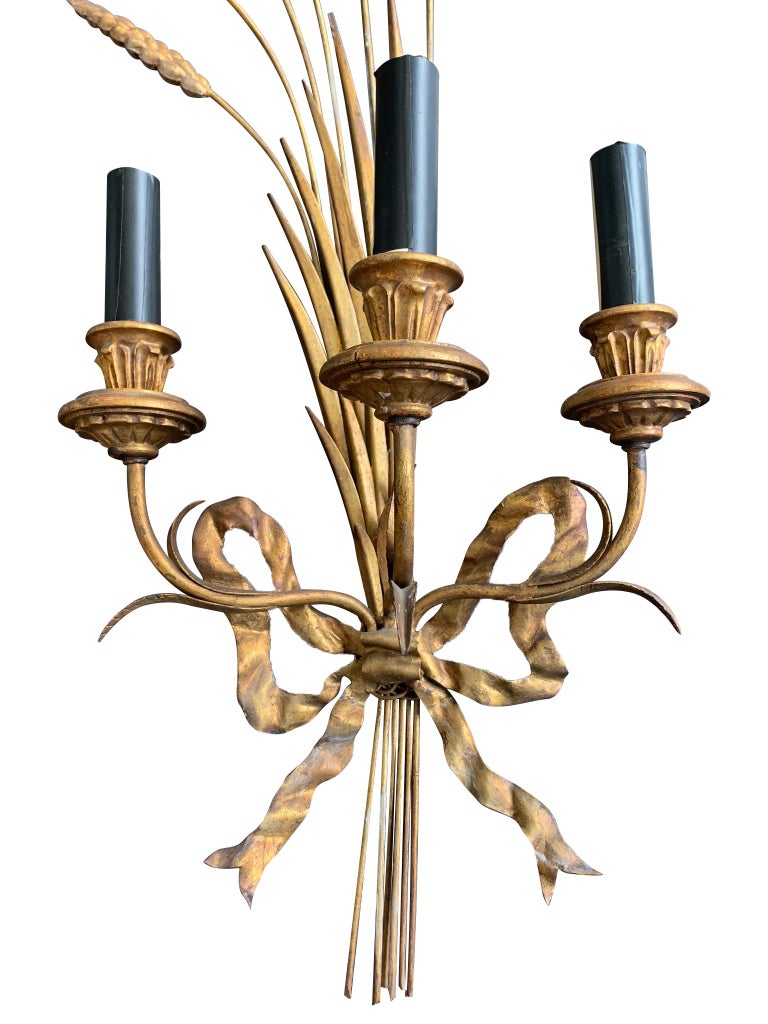 Mid-Century Modern Pair of Large Italian, 1950s Gilt Metal Wheat Sheaf Wall Sconces For Sale