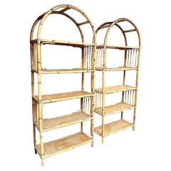 Pair of Large Italian 1970s Bamboo and Rattan Shelves with Curved Tops