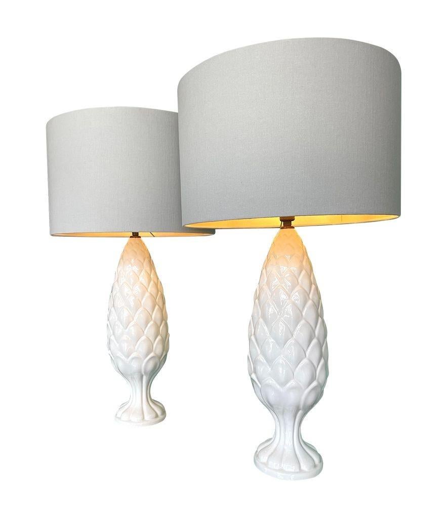 Late 20th Century A pair of large Italian 1970s ceramic pineapple lamps with new bespoke shades For Sale