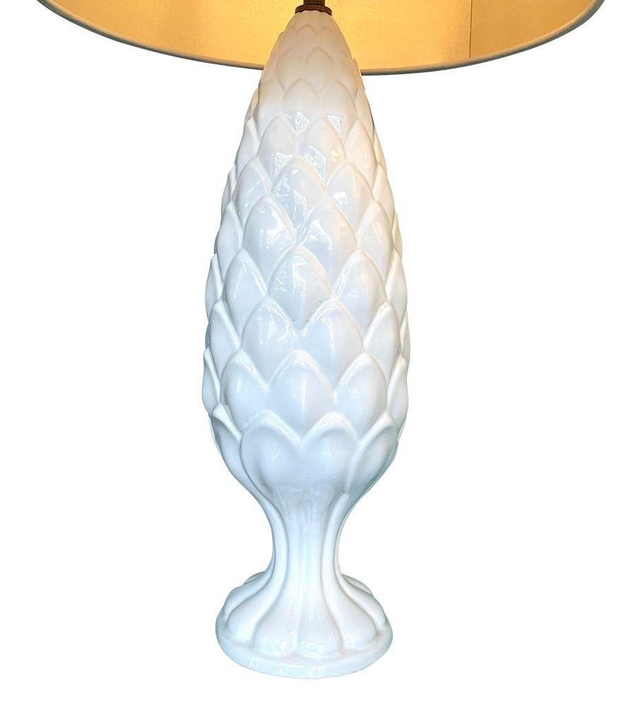 A pair of large Italian 1970s ceramic pineapple lamps with new bespoke shades For Sale 2