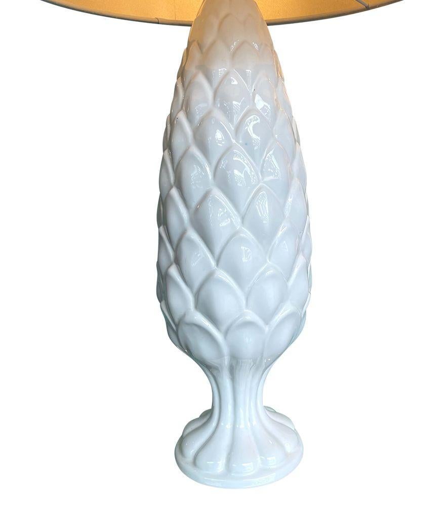 A pair of large Italian 1970s ceramic pineapple lamps with new bespoke shades For Sale 3