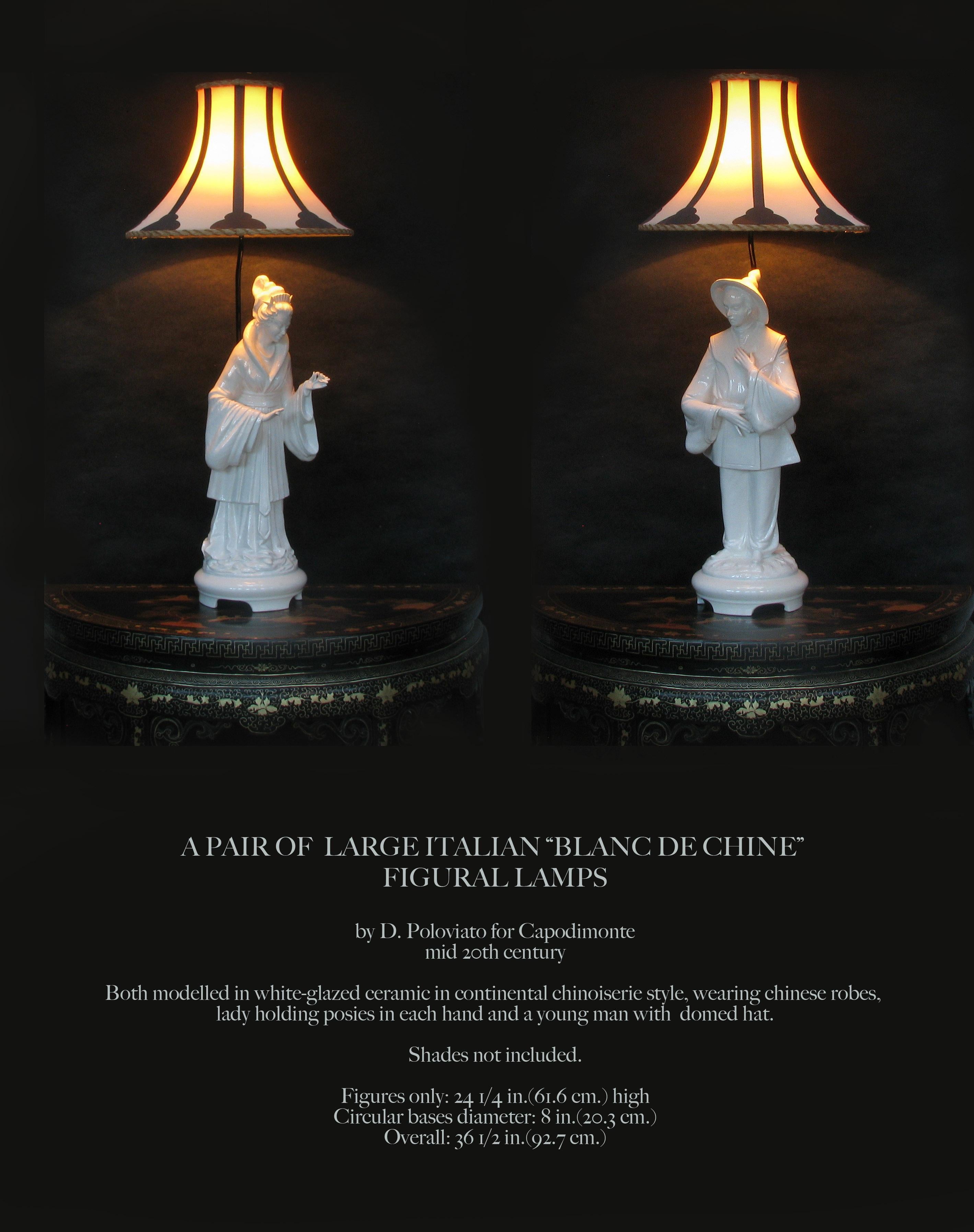 A pair of large Italian “BLANC DE CHINE”
Figural lamps

By D. Poloviato for Capodimonte
Mid 20th century.

Both modelled in white-glazed ceramic in continental chinoiserie style, wearing chinese robes, 
lady holding posies in each hand and a