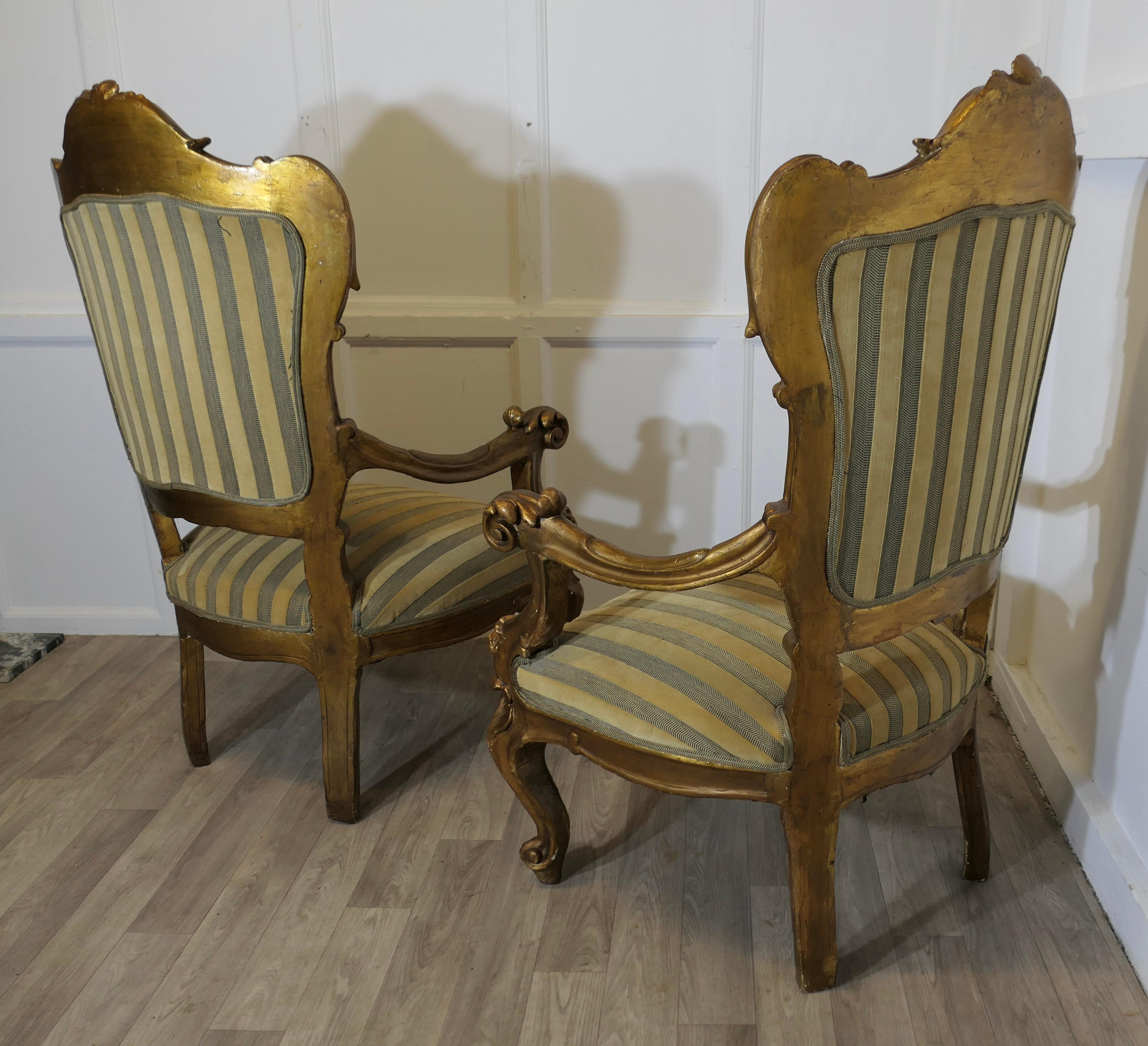 Pareja de grandes sillones italianos de madera dorada tallada  Estos son  sillones grandes en venta 5