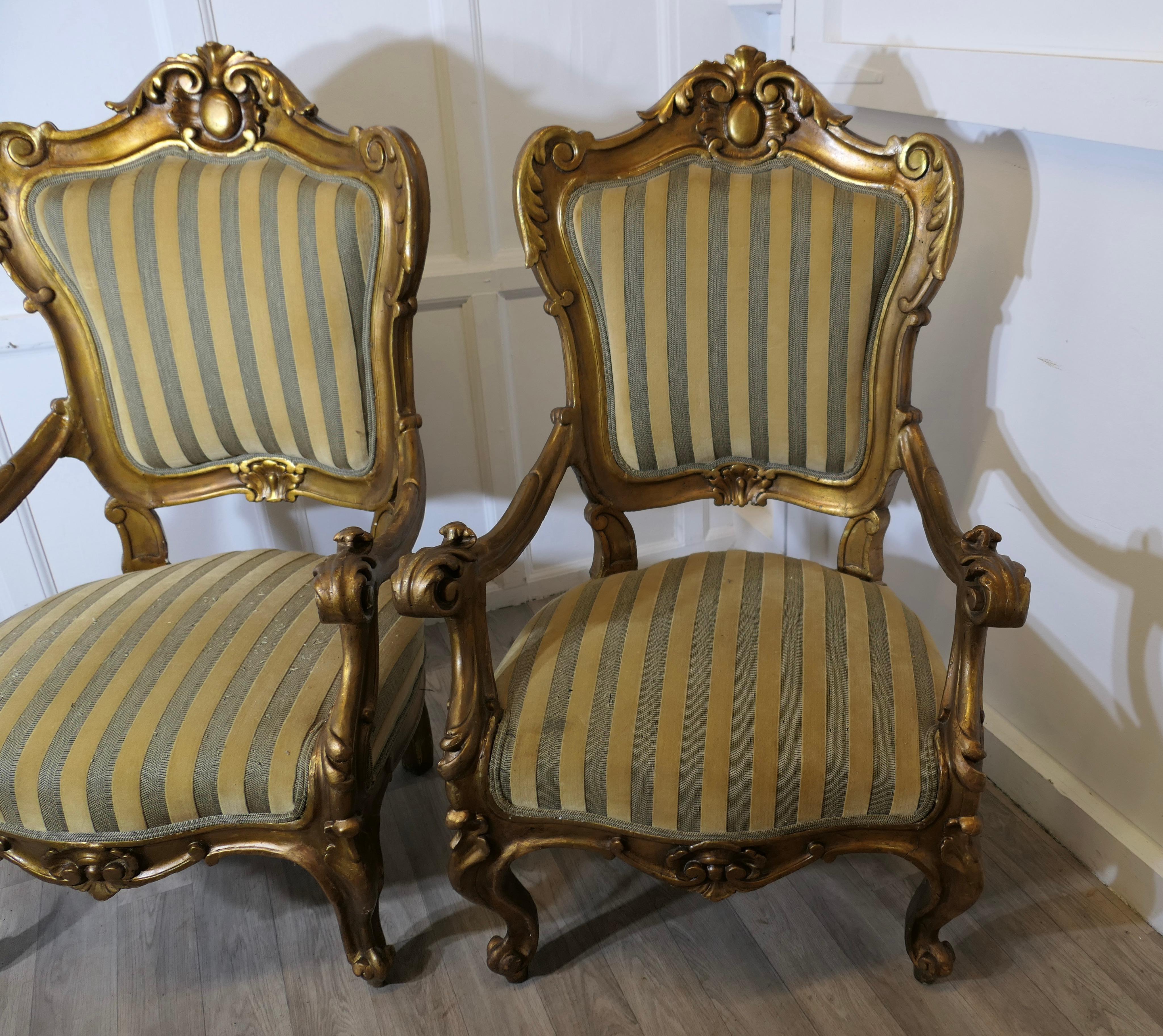 Pareja de grandes sillones italianos de madera dorada tallada  Estos son  sillones grandes en venta 6